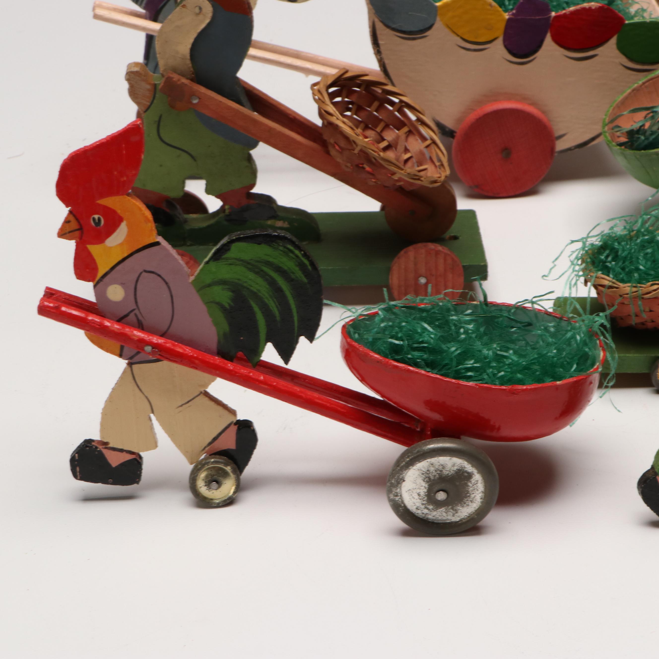 German with Other Wooden Easter Wheelbarrow Toys, Mid-20th Century