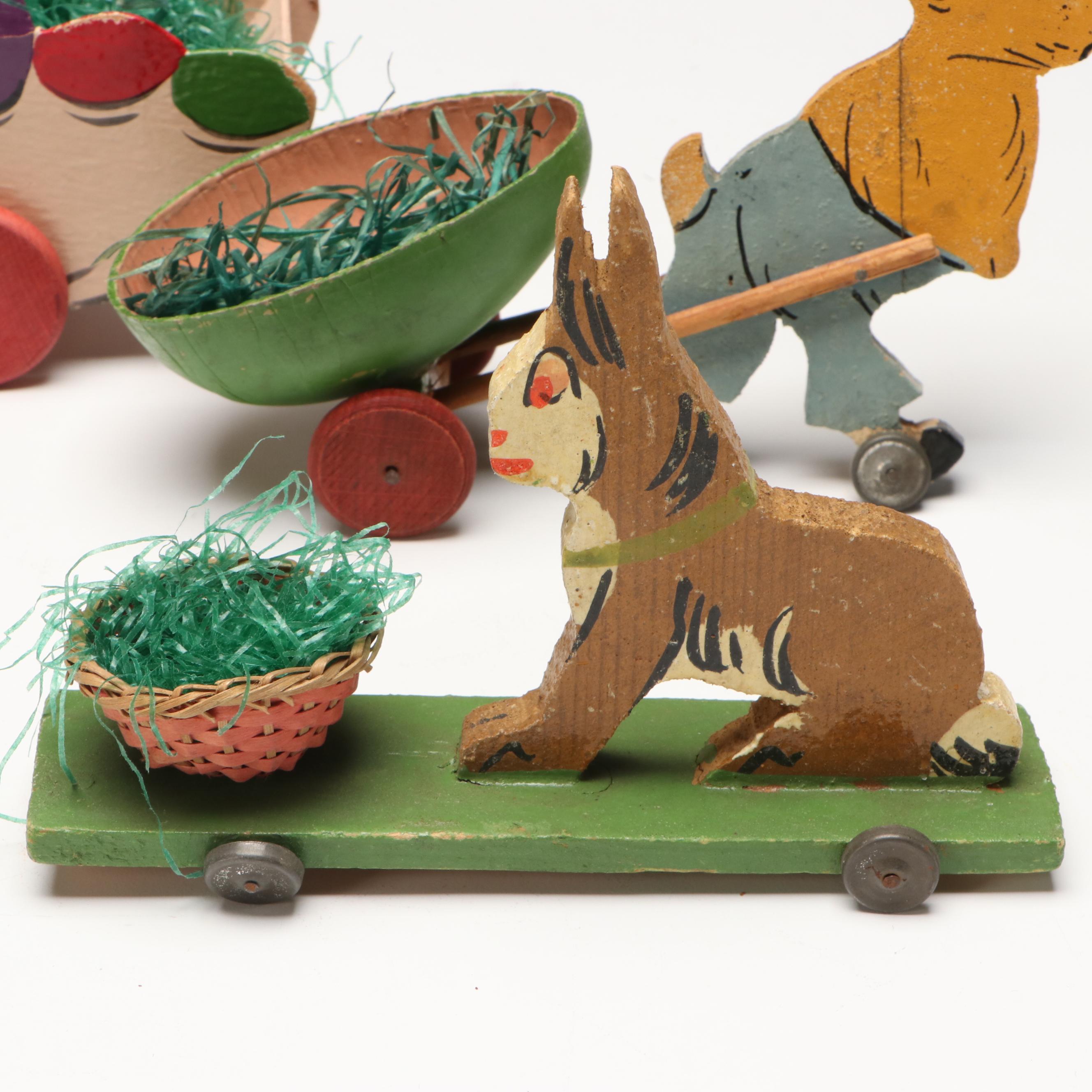 German with Other Wooden Easter Wheelbarrow Toys, Mid-20th Century