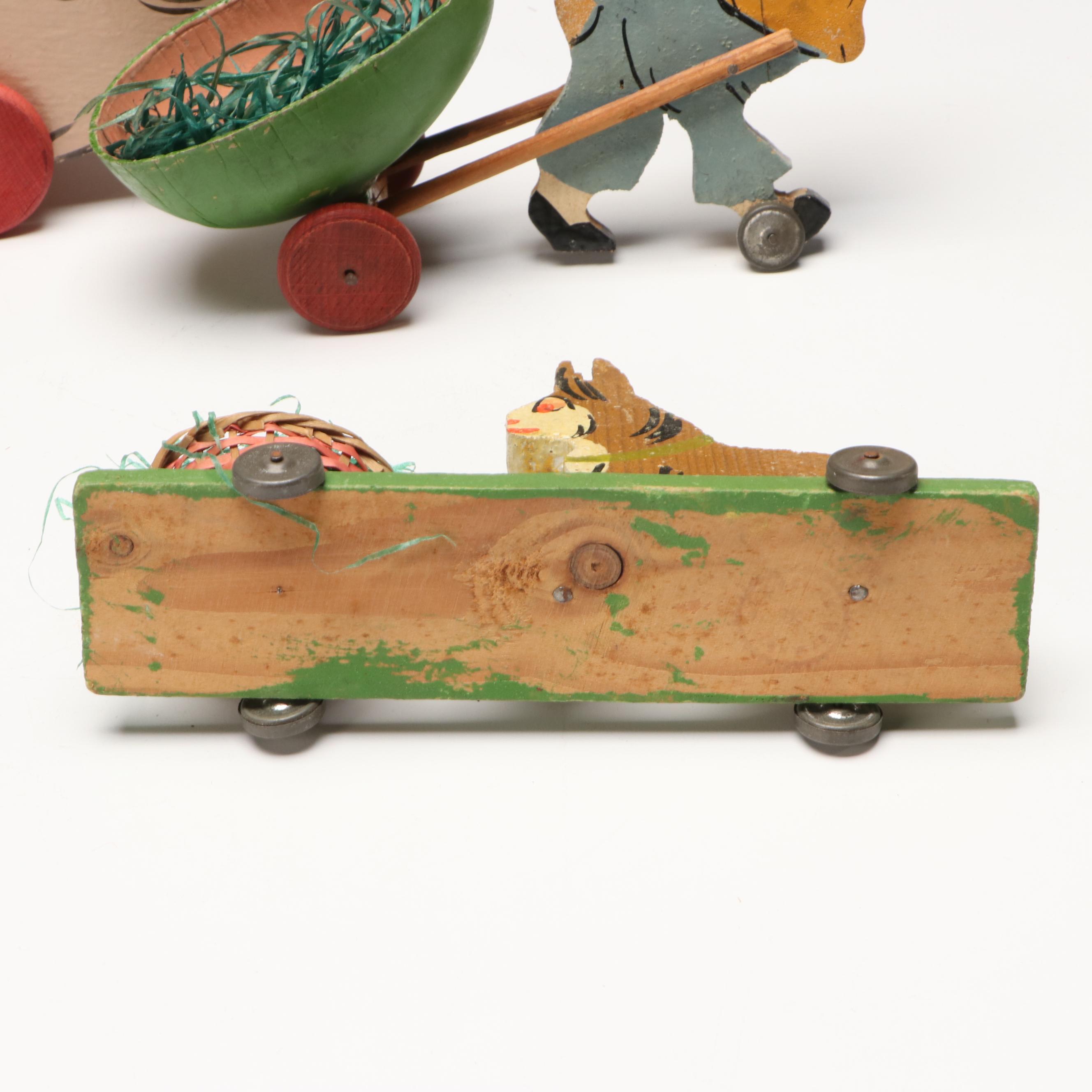 German with Other Wooden Easter Wheelbarrow Toys, Mid-20th Century