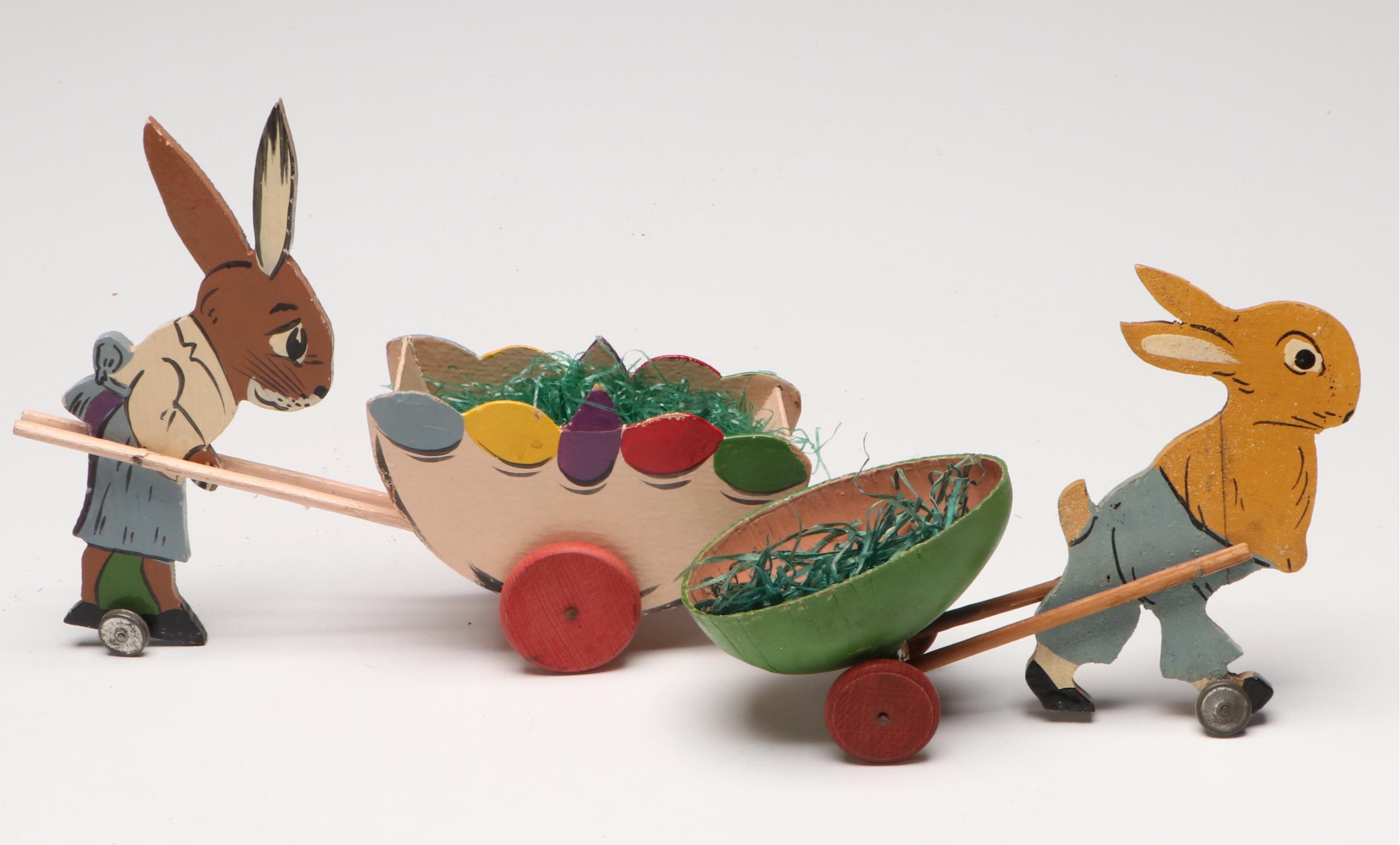 German with Other Wooden Easter Wheelbarrow Toys, Mid-20th Century