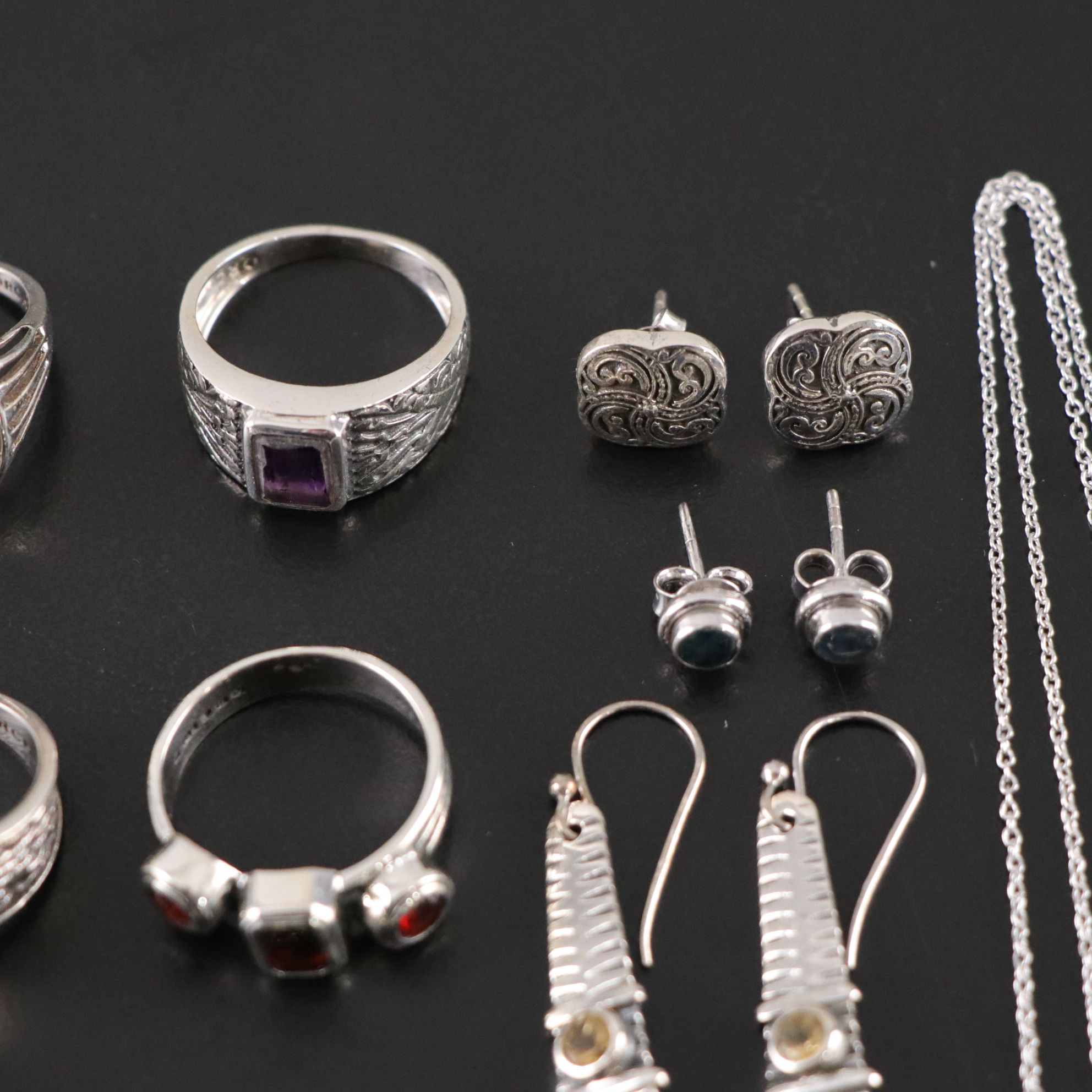 14 Assorted Sterling Silver Rings, Necklaces and Earrings