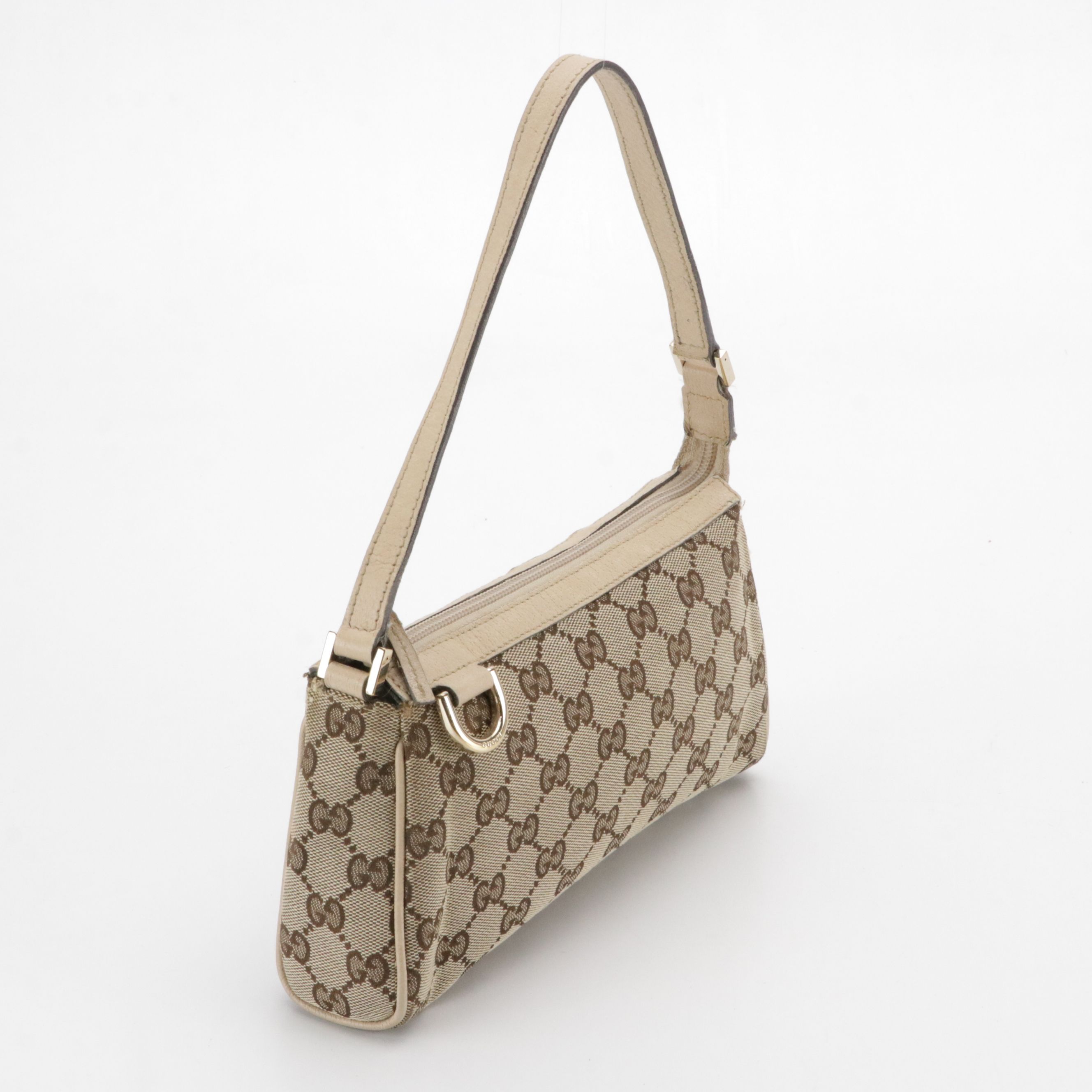 Gucci D-Ring Zip Pochette in GG Canvas and Beige Cinghiale Leather Trim