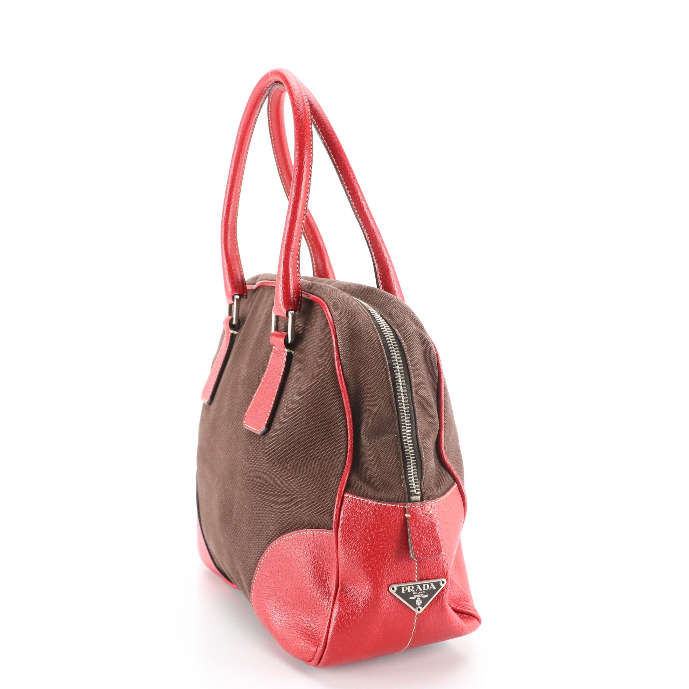 Prada Boston Shoulder Bag in Dark Brown Canvas and Red Leather Trim
