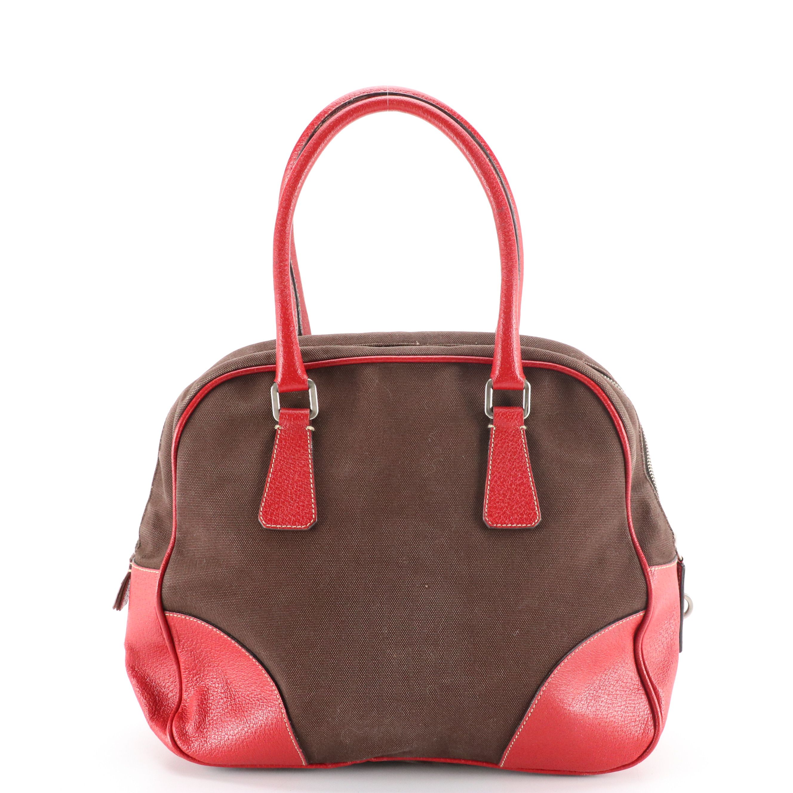 Prada Boston Shoulder Bag in Dark Brown Canvas and Red Leather Trim