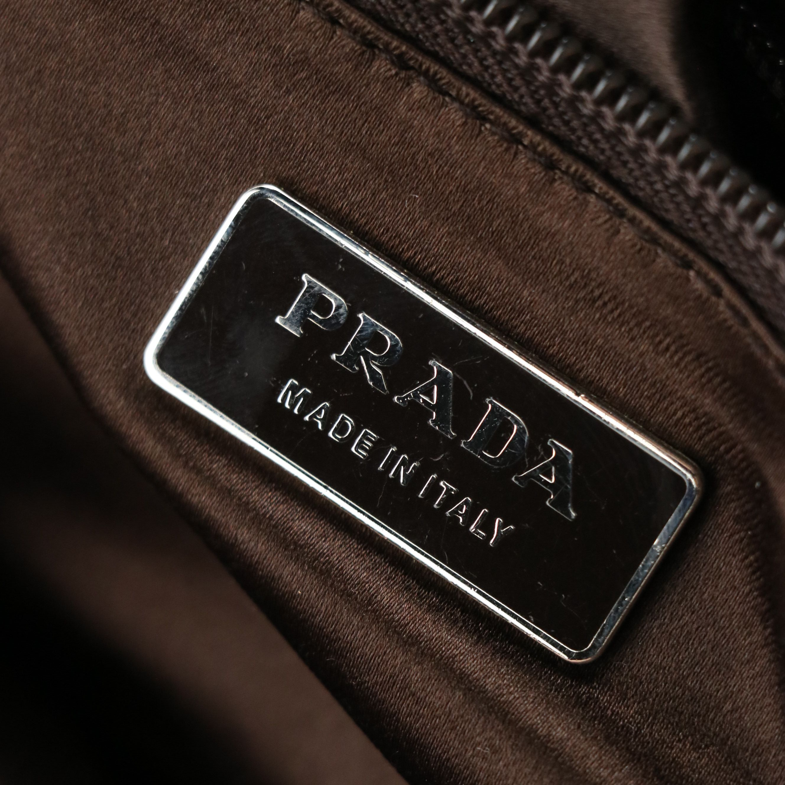 Prada Boston Shoulder Bag in Dark Brown Canvas and Red Leather Trim