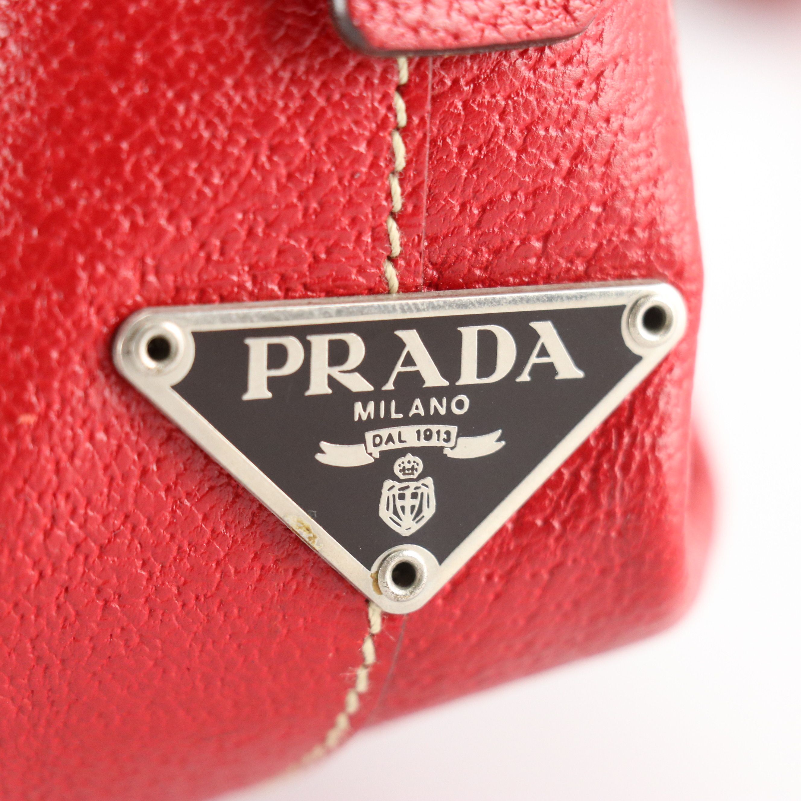 Prada Boston Shoulder Bag in Dark Brown Canvas and Red Leather Trim