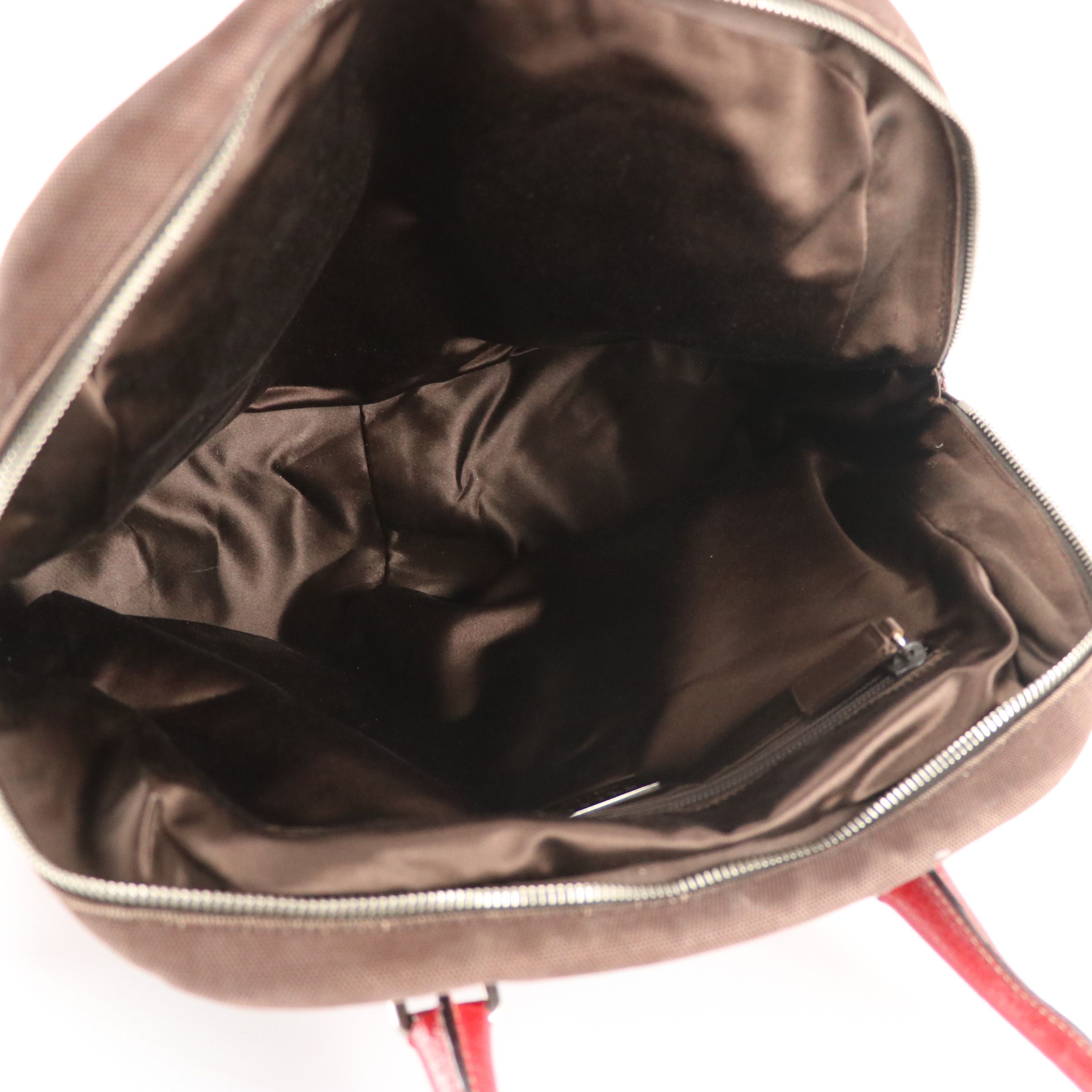 Prada Boston Shoulder Bag in Dark Brown Canvas and Red Leather Trim