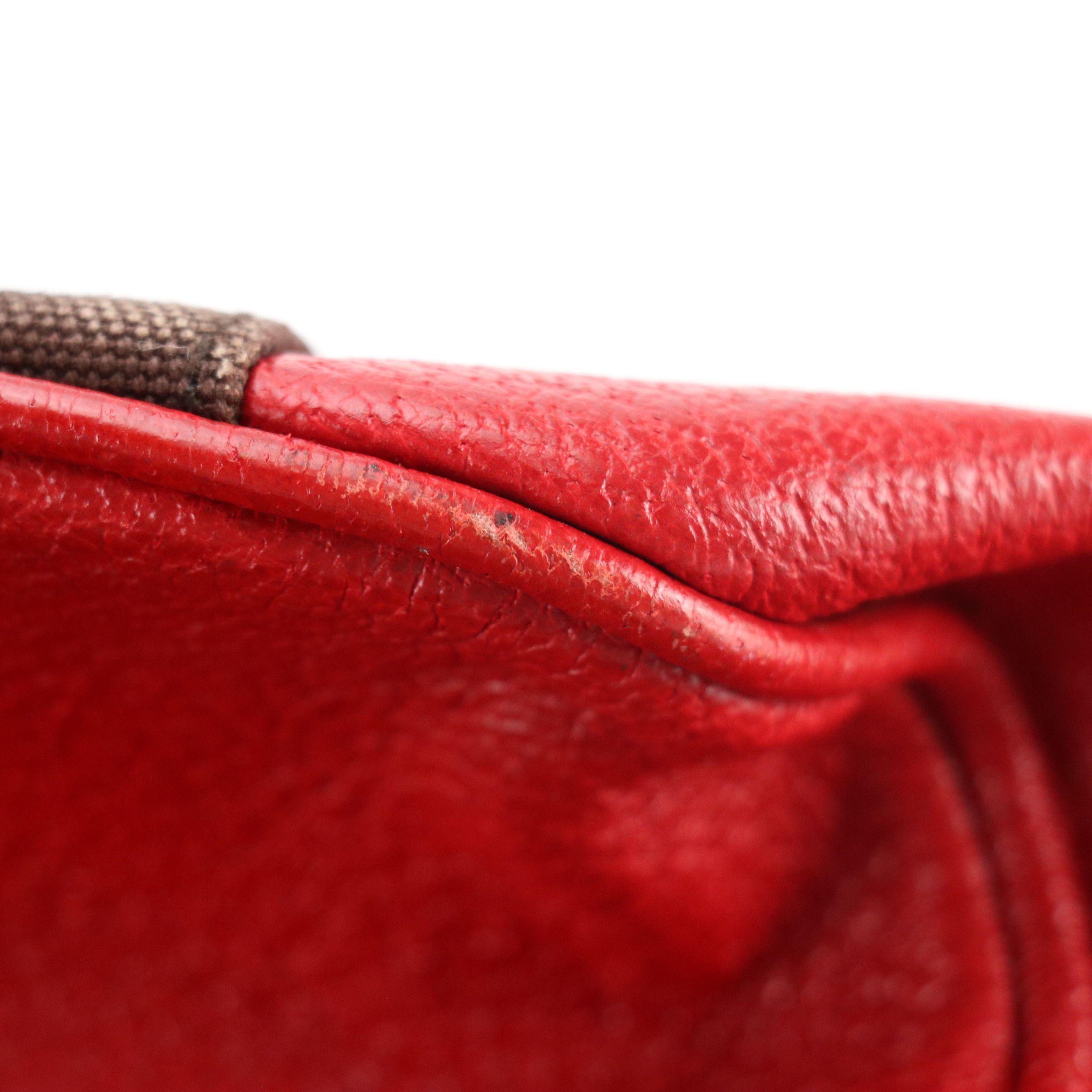 Prada Boston Shoulder Bag in Dark Brown Canvas and Red Leather Trim