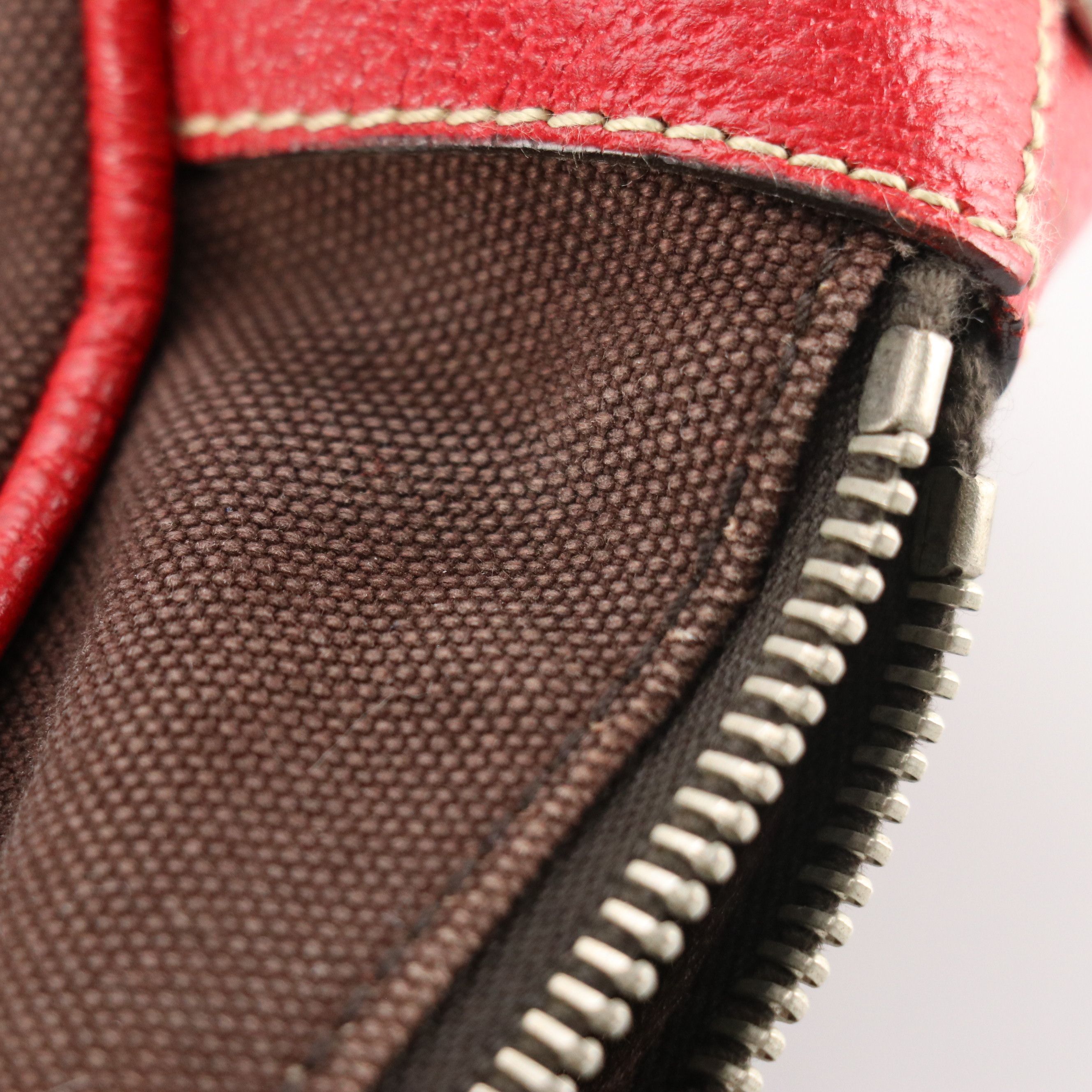 Prada Boston Shoulder Bag in Dark Brown Canvas and Red Leather Trim