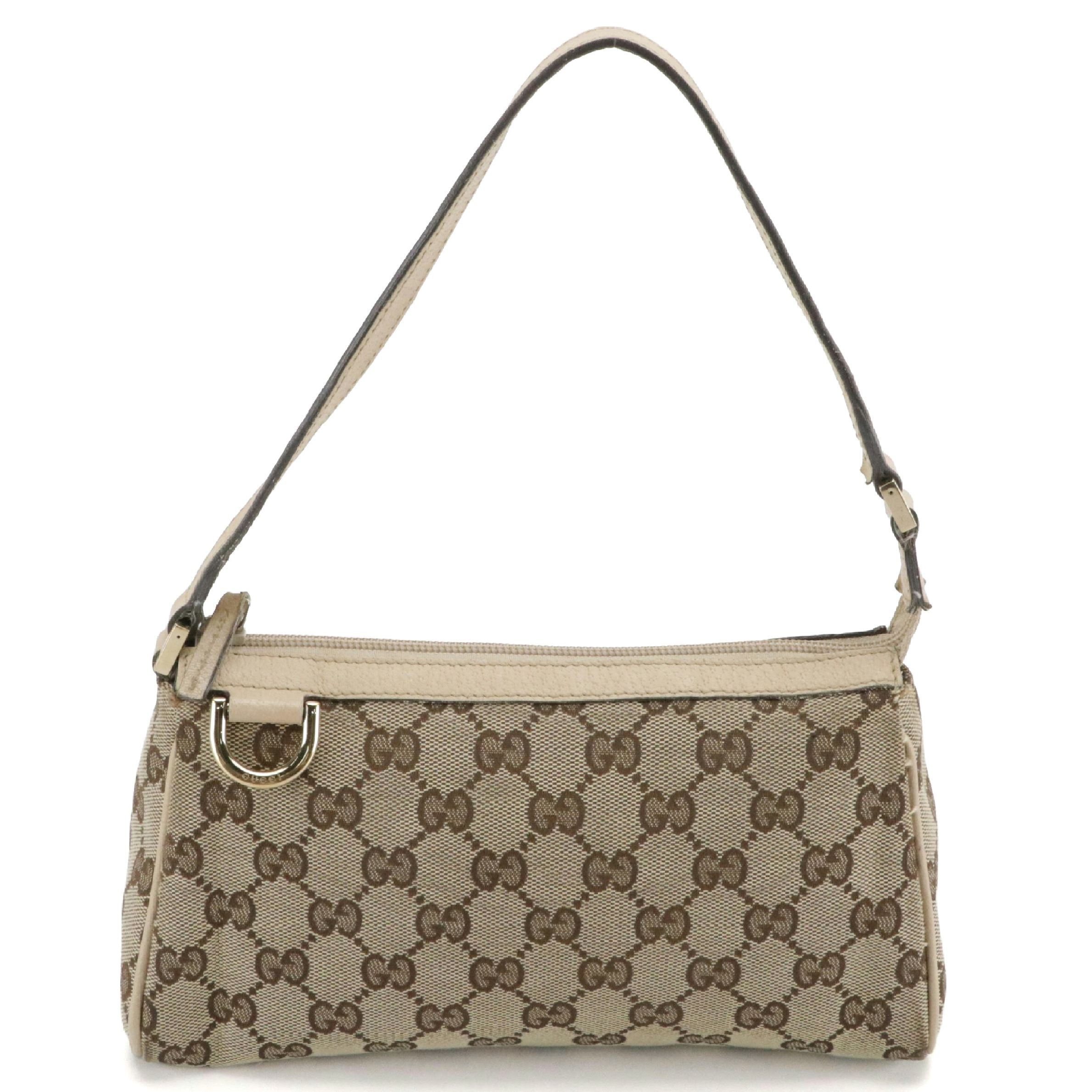 Gucci D-Ring Zip Pochette in GG Canvas and Beige Cinghiale Leather Trim