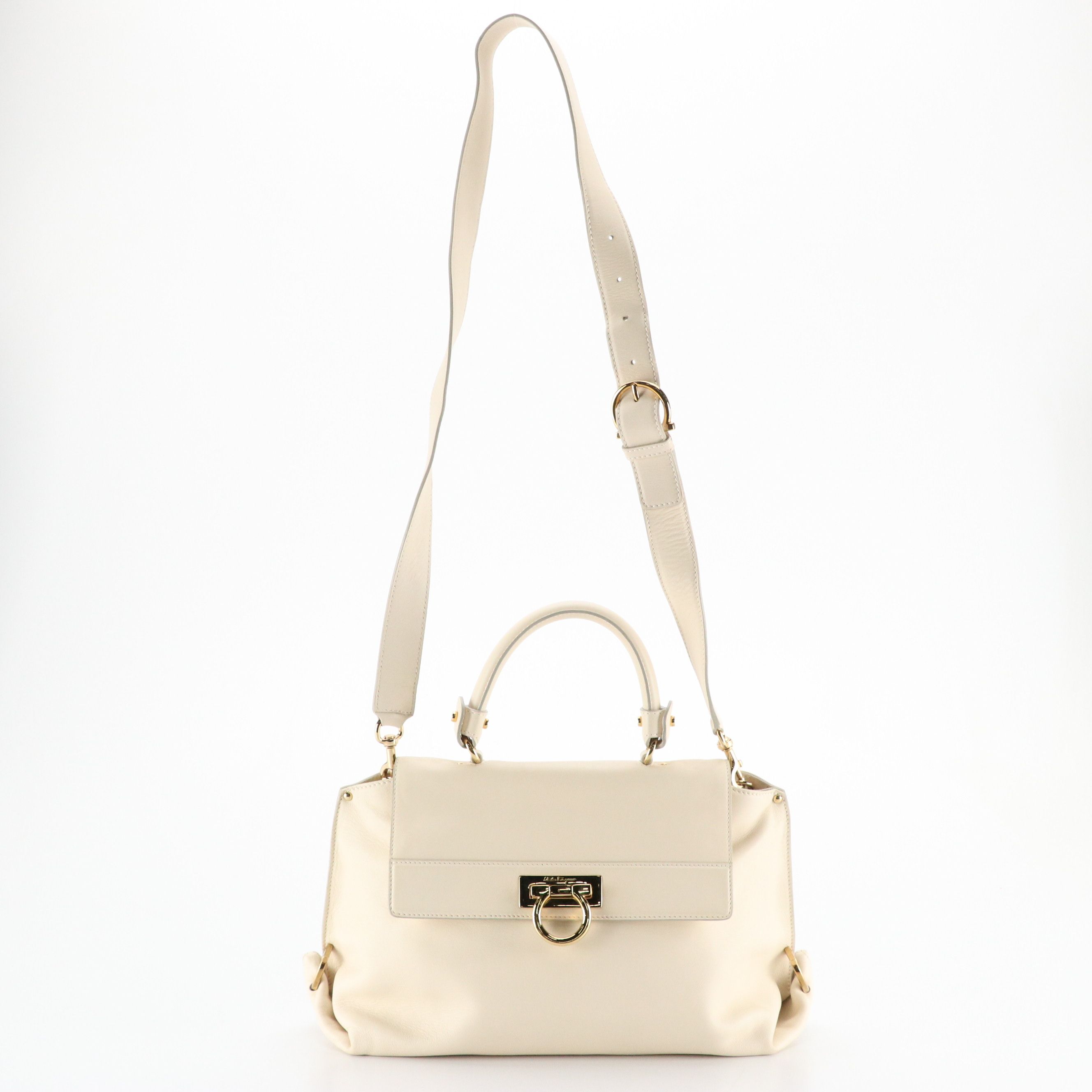 Salvatore Ferragamo Gancini Flap Two-Way Satchel in Ivory Calfskin Leather
