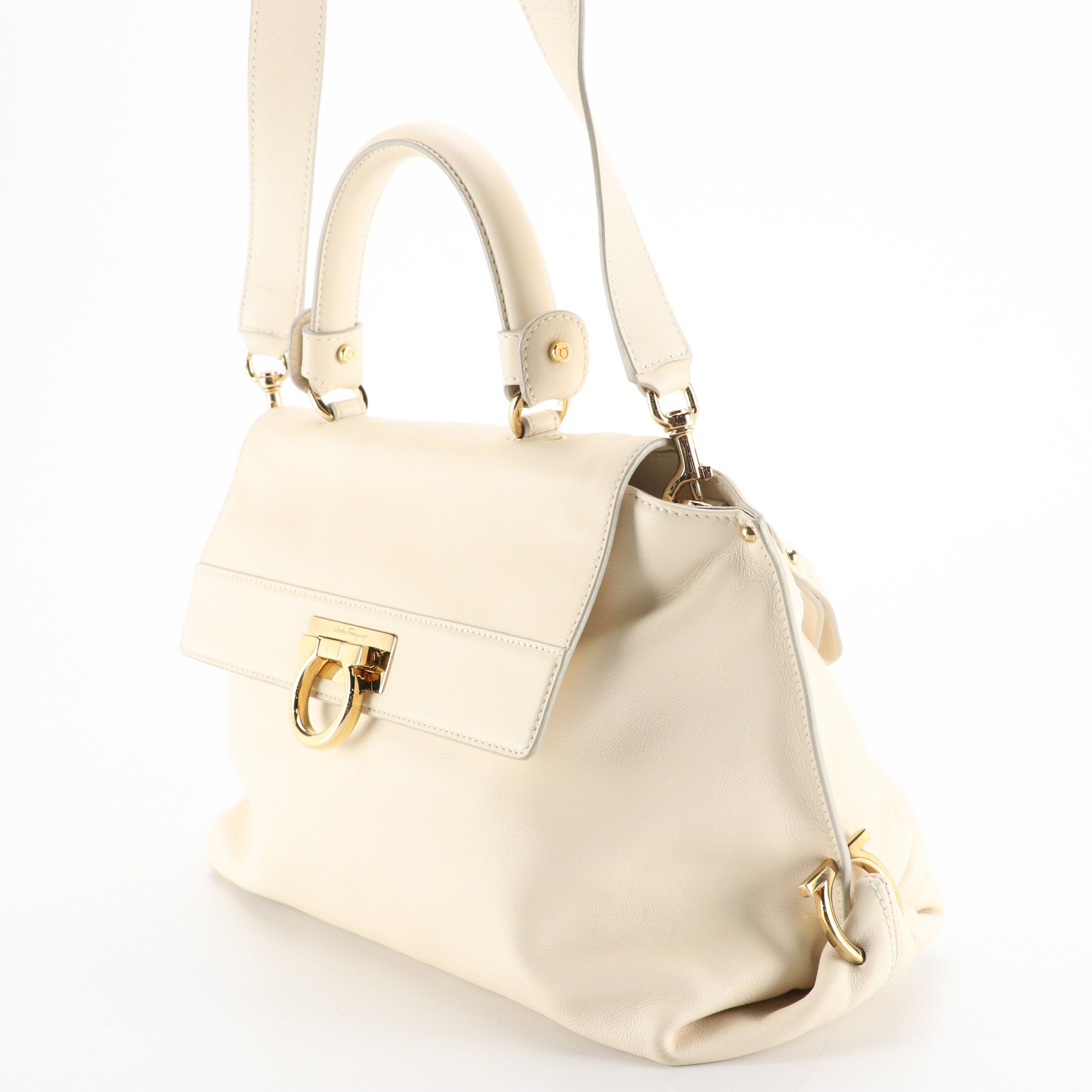 Salvatore Ferragamo Gancini Flap Two-Way Satchel in Ivory Calfskin Leather