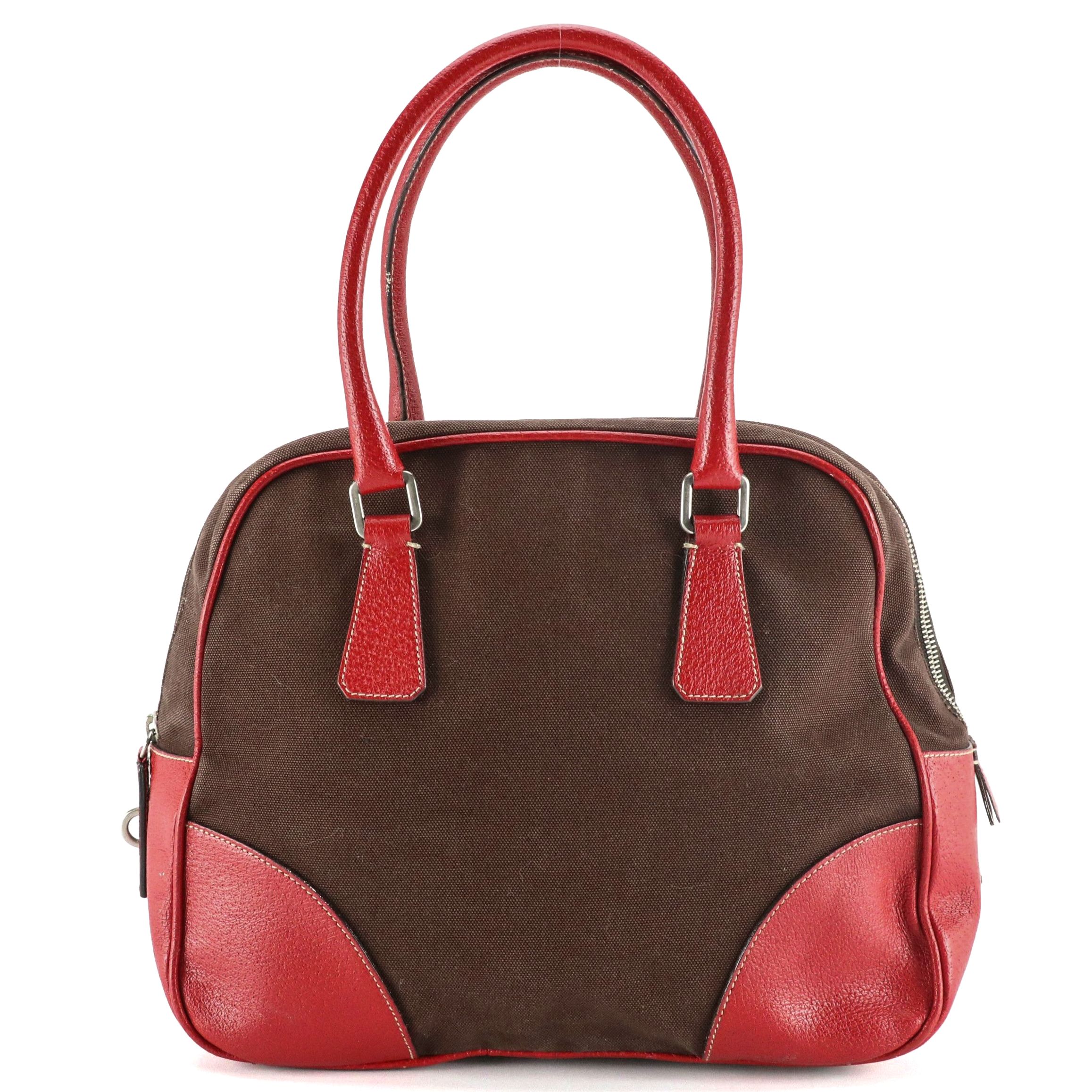 Prada Boston Shoulder Bag in Dark Brown Canvas and Red Leather Trim