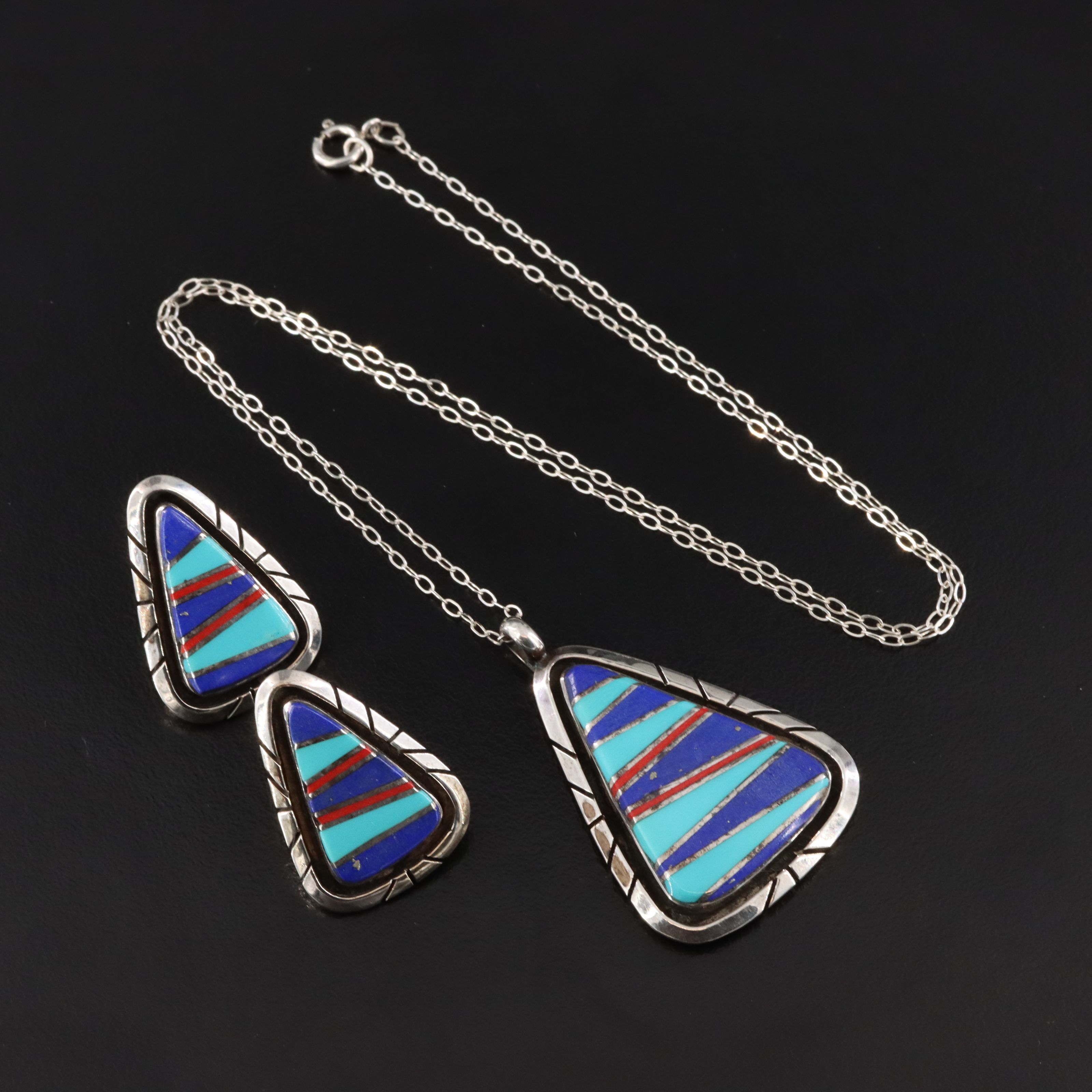 Sterling Gemstone Inlay Pendant Necklace and Earrings Set