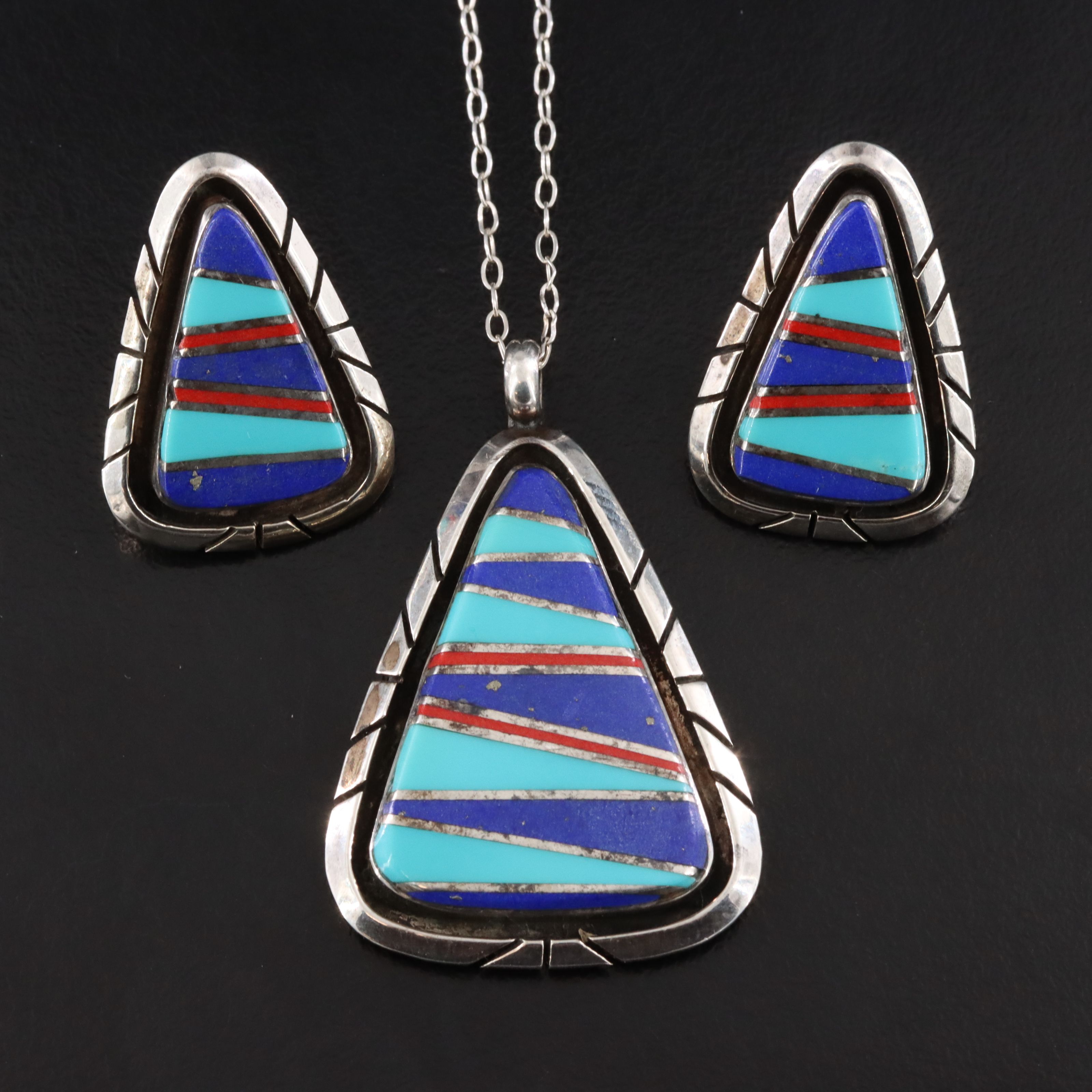 Sterling Gemstone Inlay Pendant Necklace and Earrings Set