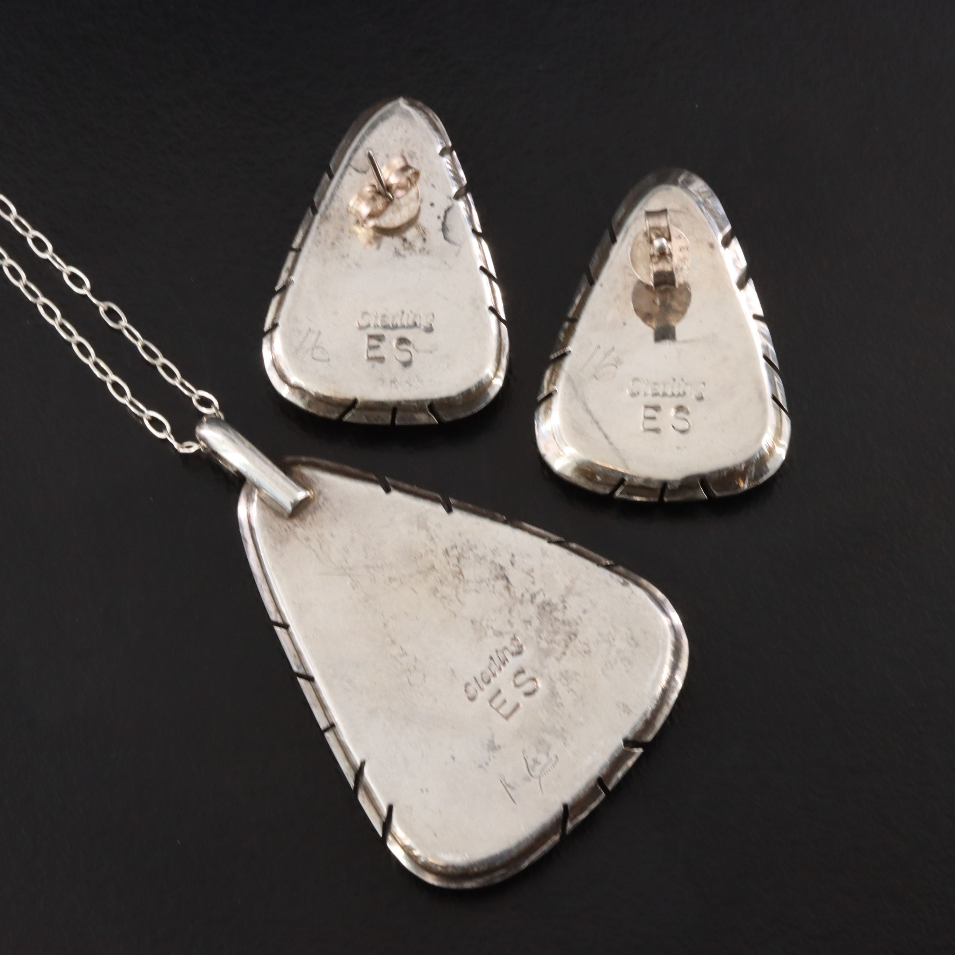 Sterling Gemstone Inlay Pendant Necklace and Earrings Set