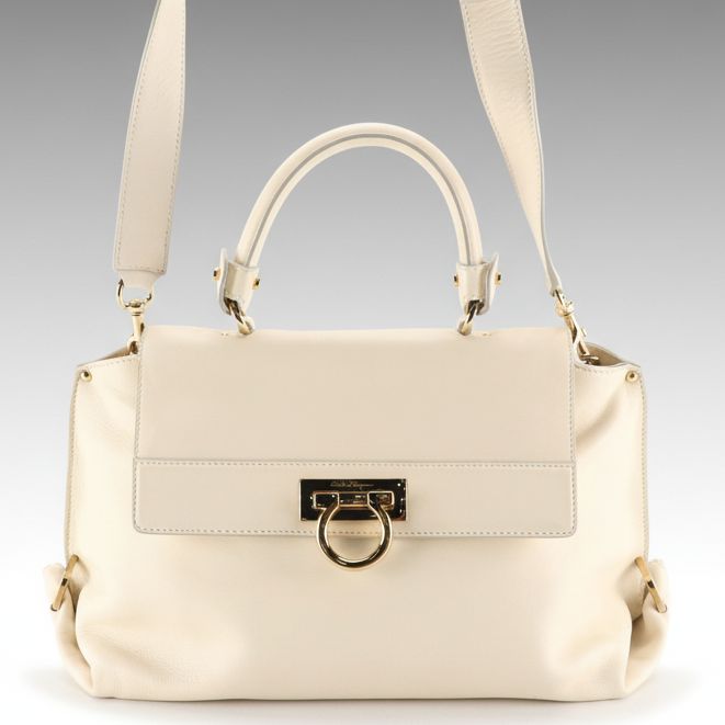 Salvatore Ferragamo Gancini Flap Two-Way Satchel in Ivory Calfskin Leather