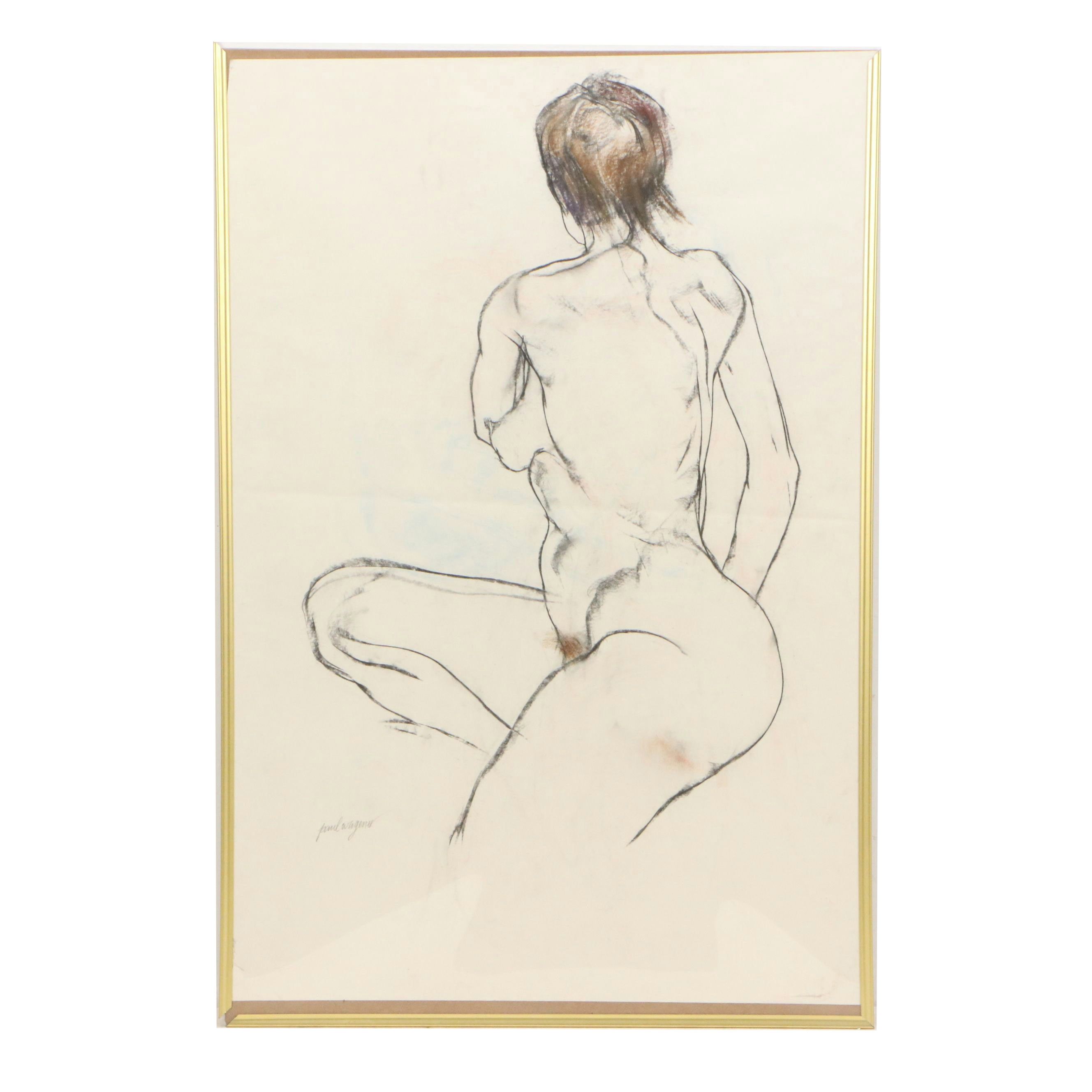 Paul Wagener Charcoal Drawing of Seated Nude, Late 20th Century