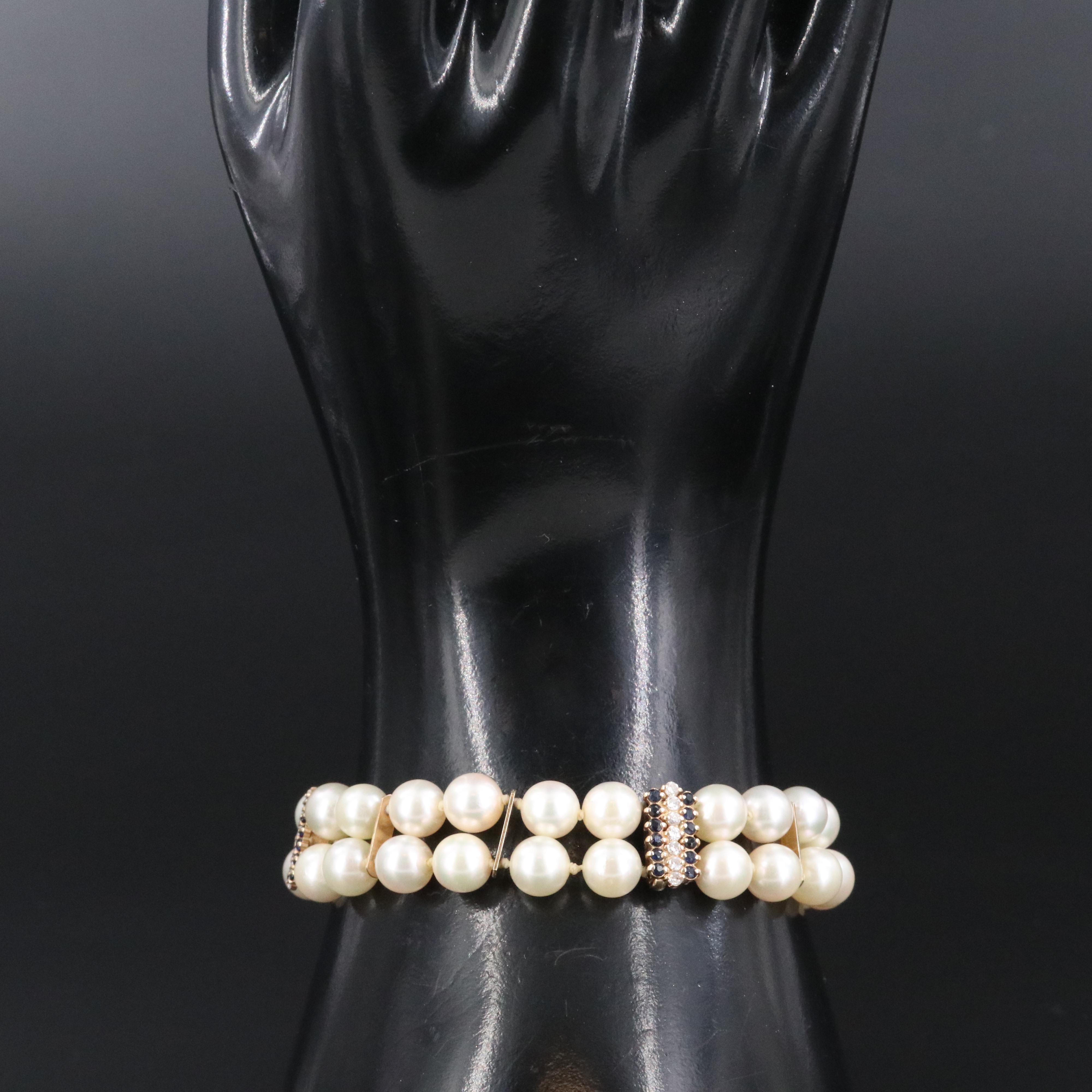 14K Pearl Bracelet with Diamond and Sapphire Stations