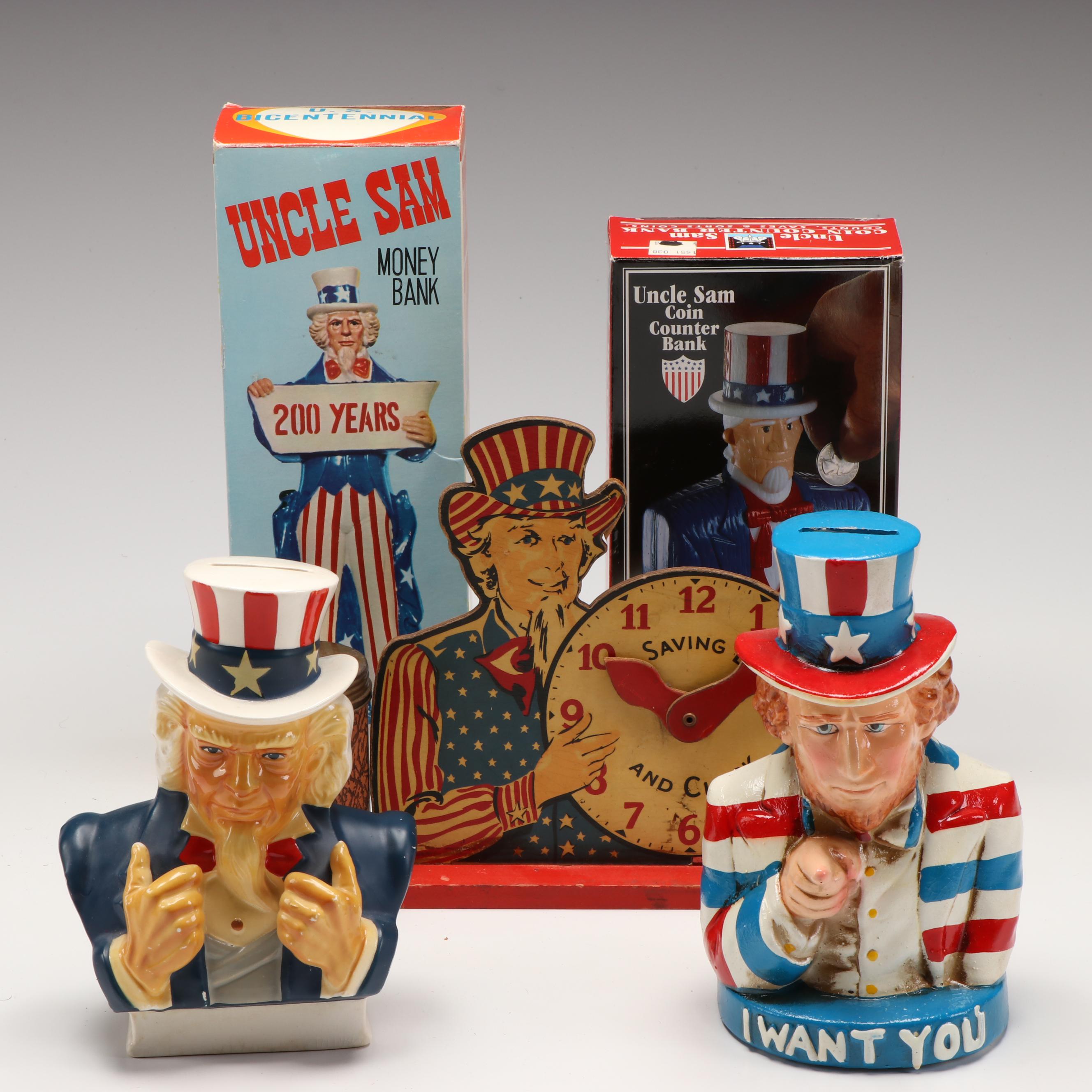 J.S.N.Y Uncle Sam Coin Counter Bank with Ceramic, Chalkware, and Other Banks