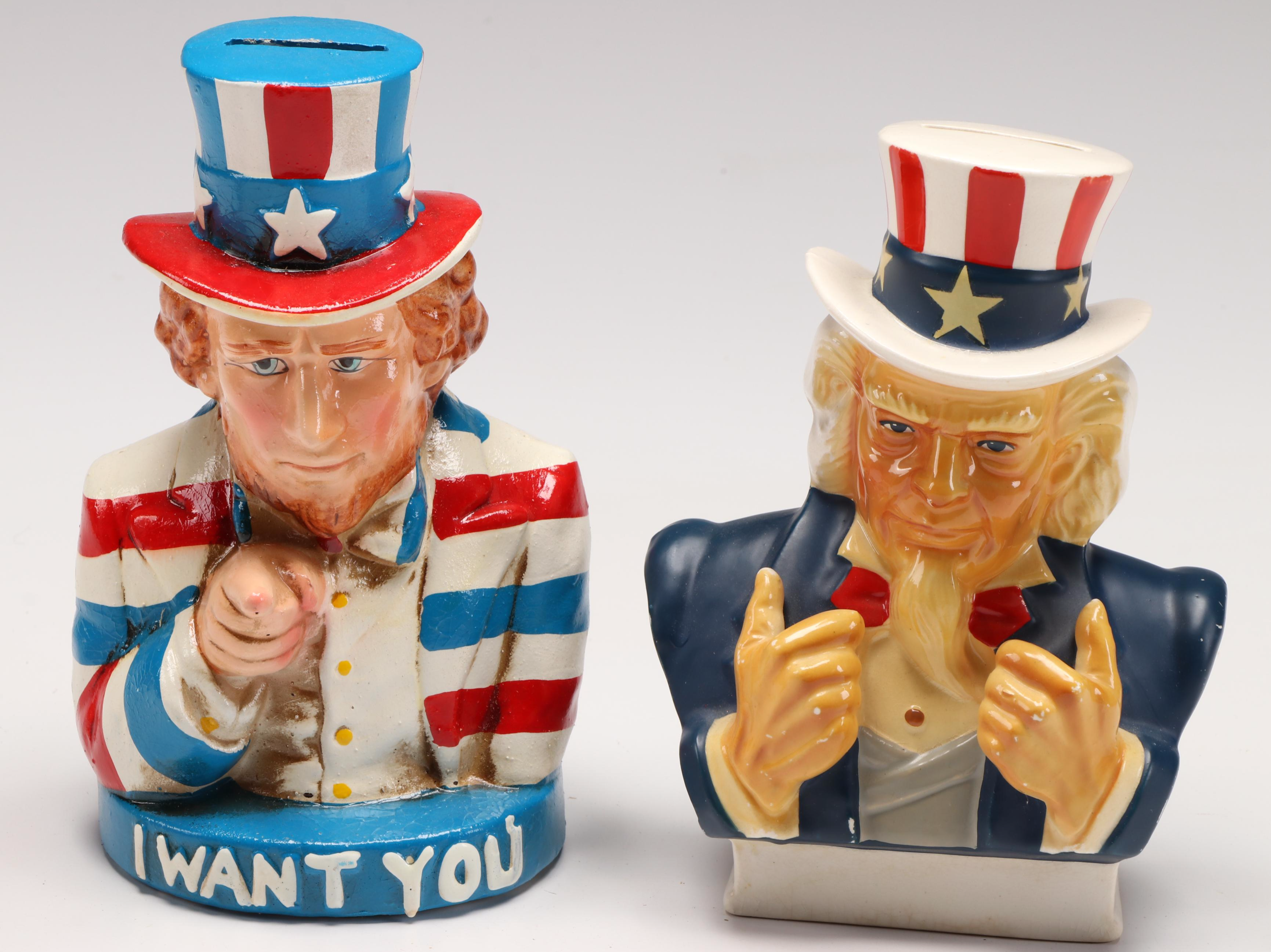 J.S.N.Y Uncle Sam Coin Counter Bank with Ceramic, Chalkware, and Other Banks