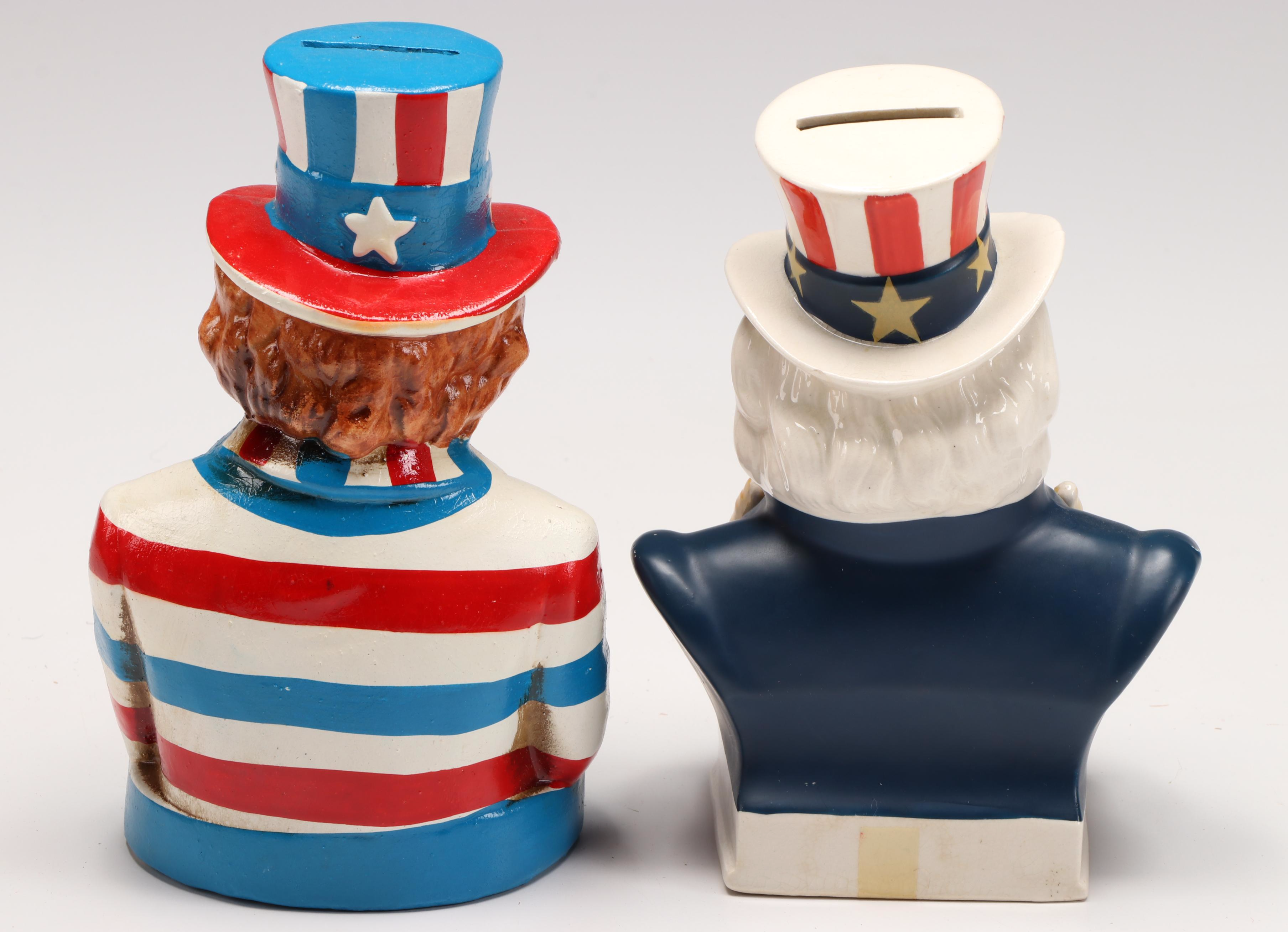 J.S.N.Y Uncle Sam Coin Counter Bank with Ceramic, Chalkware, and Other Banks