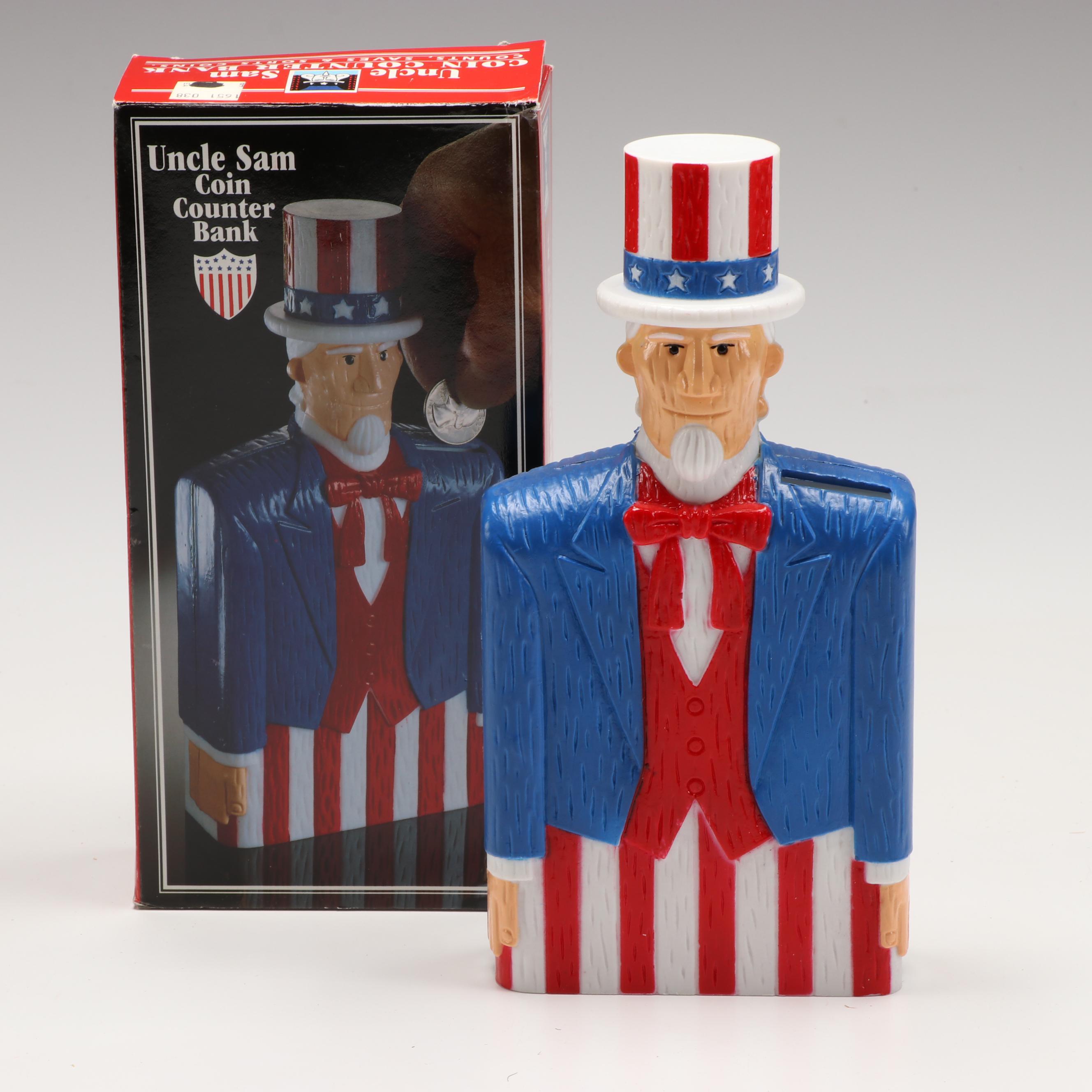J.S.N.Y Uncle Sam Coin Counter Bank with Ceramic, Chalkware, and Other Banks
