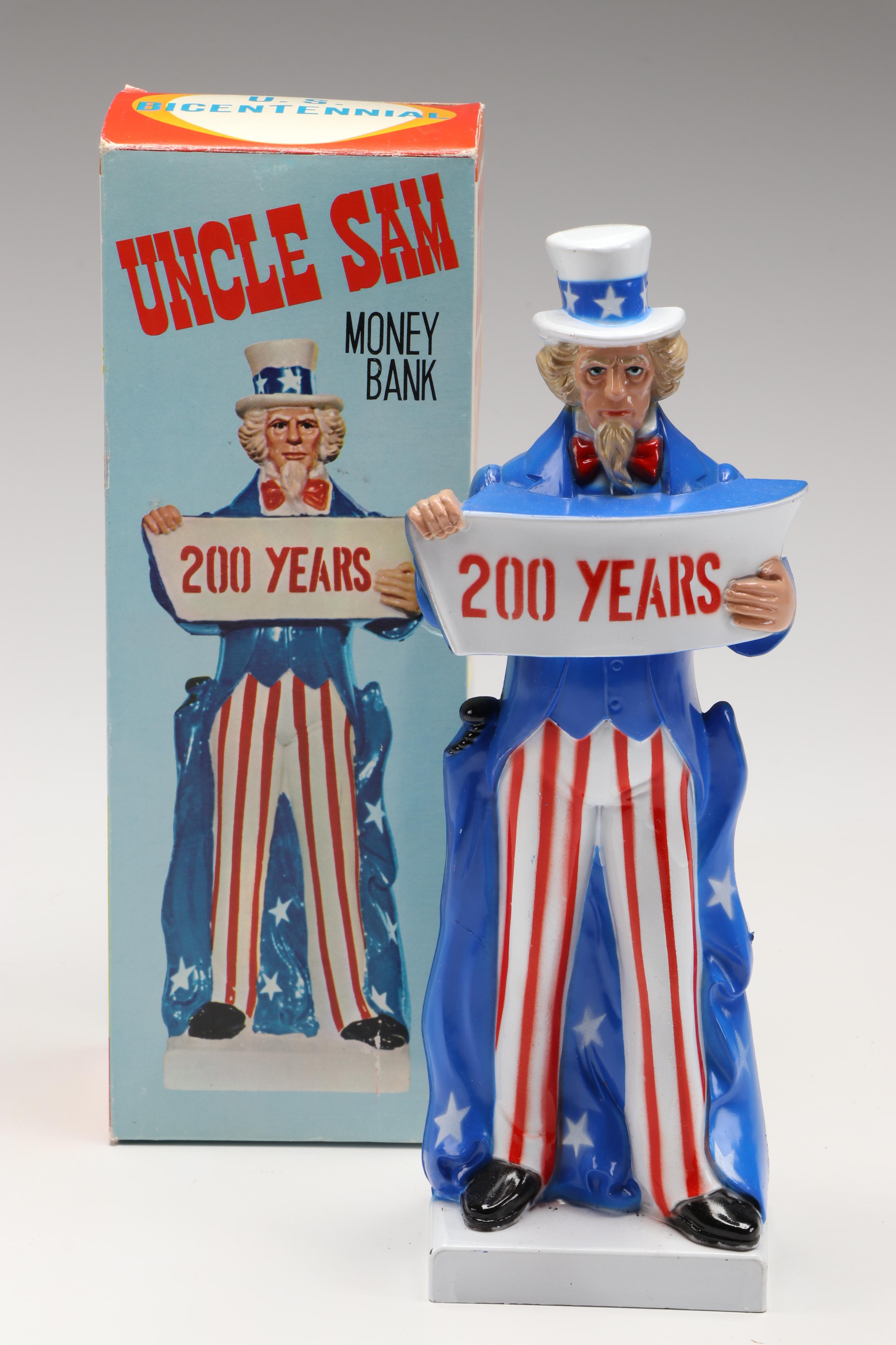 J.S.N.Y Uncle Sam Coin Counter Bank with Ceramic, Chalkware, and Other Banks