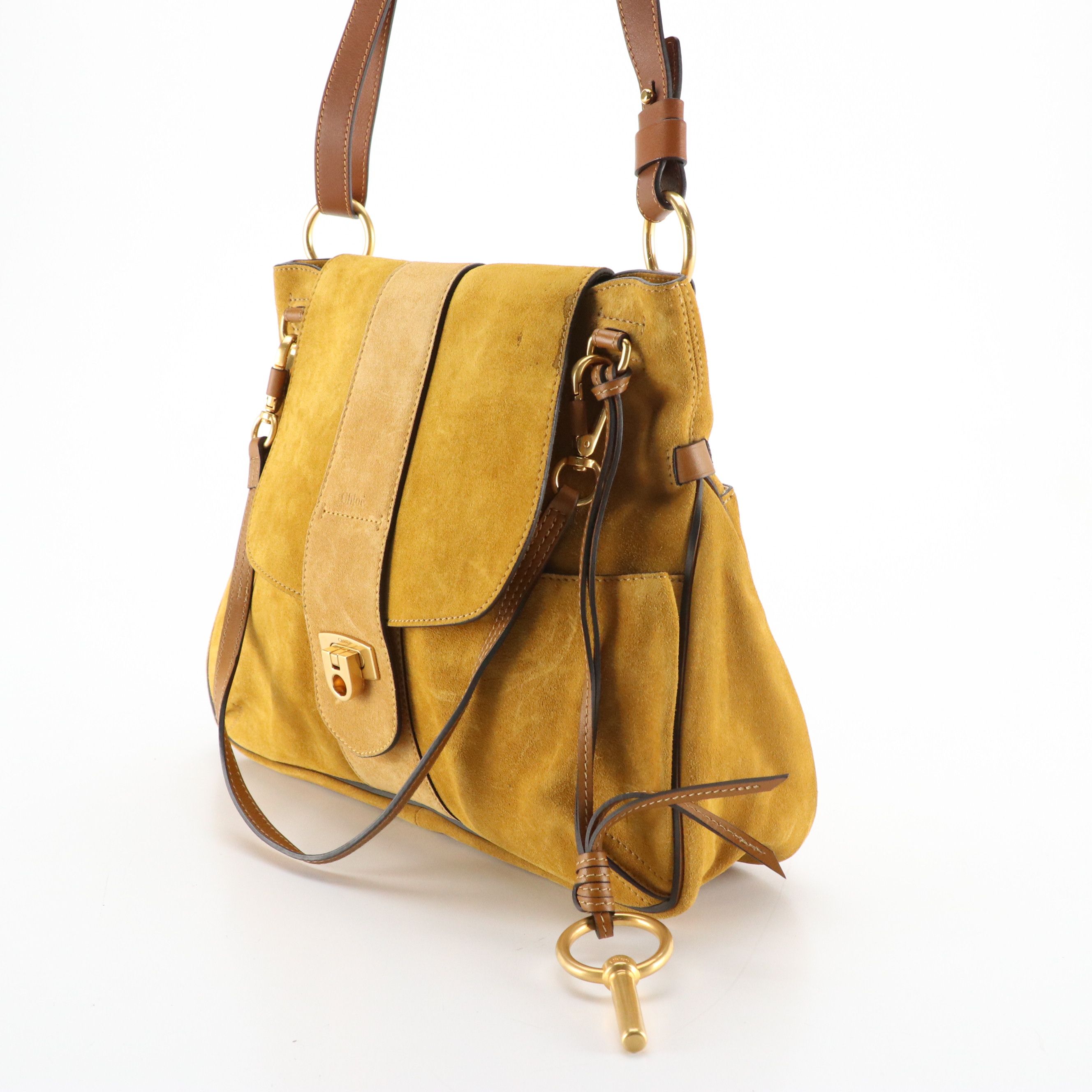 Chloé Lexa Two-Way Bag in Mustard Yellow Suede and Brown Calfskin Leather