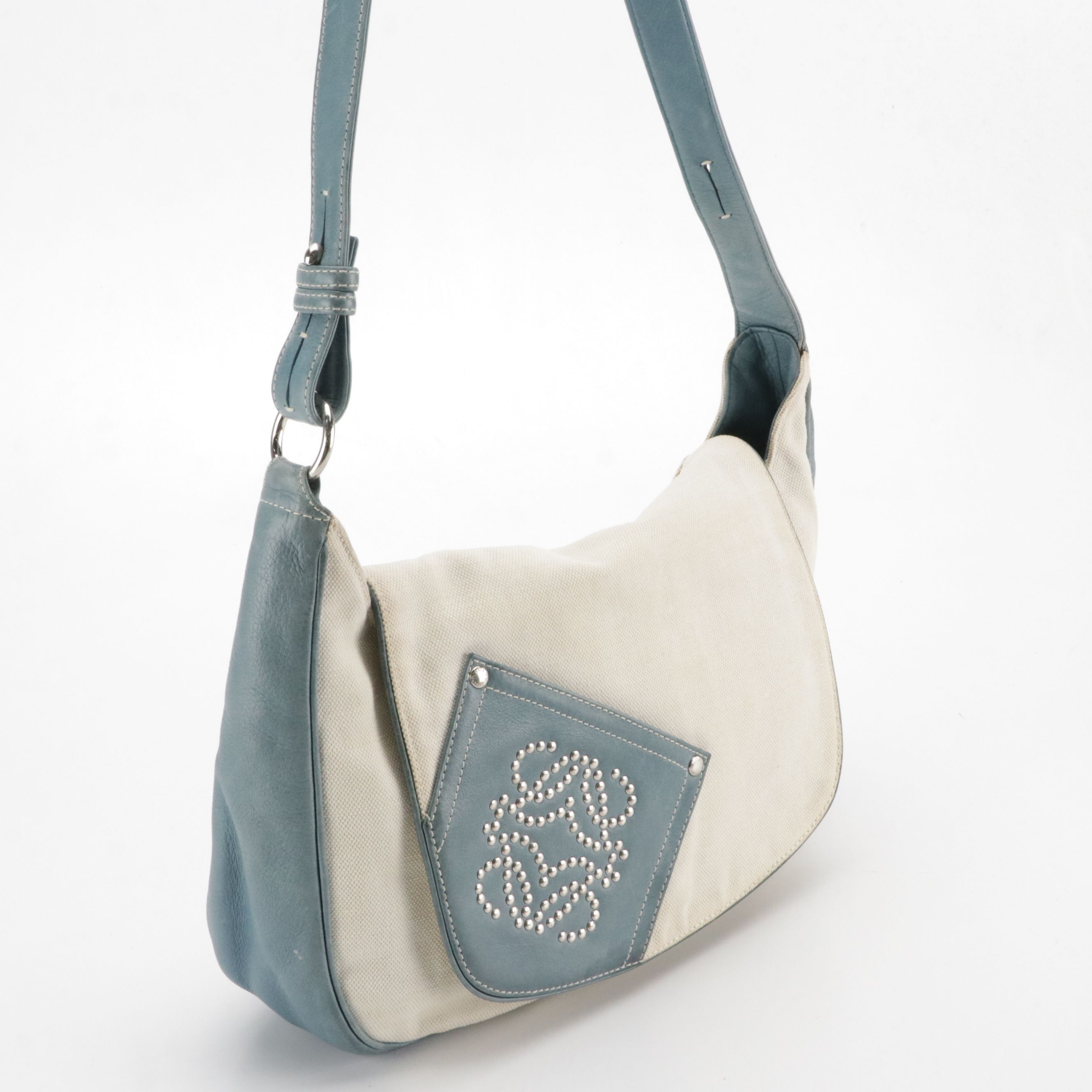 Loewe Studded Anagram Pocket Crossbody Bag in White Canvas and Blue Leather