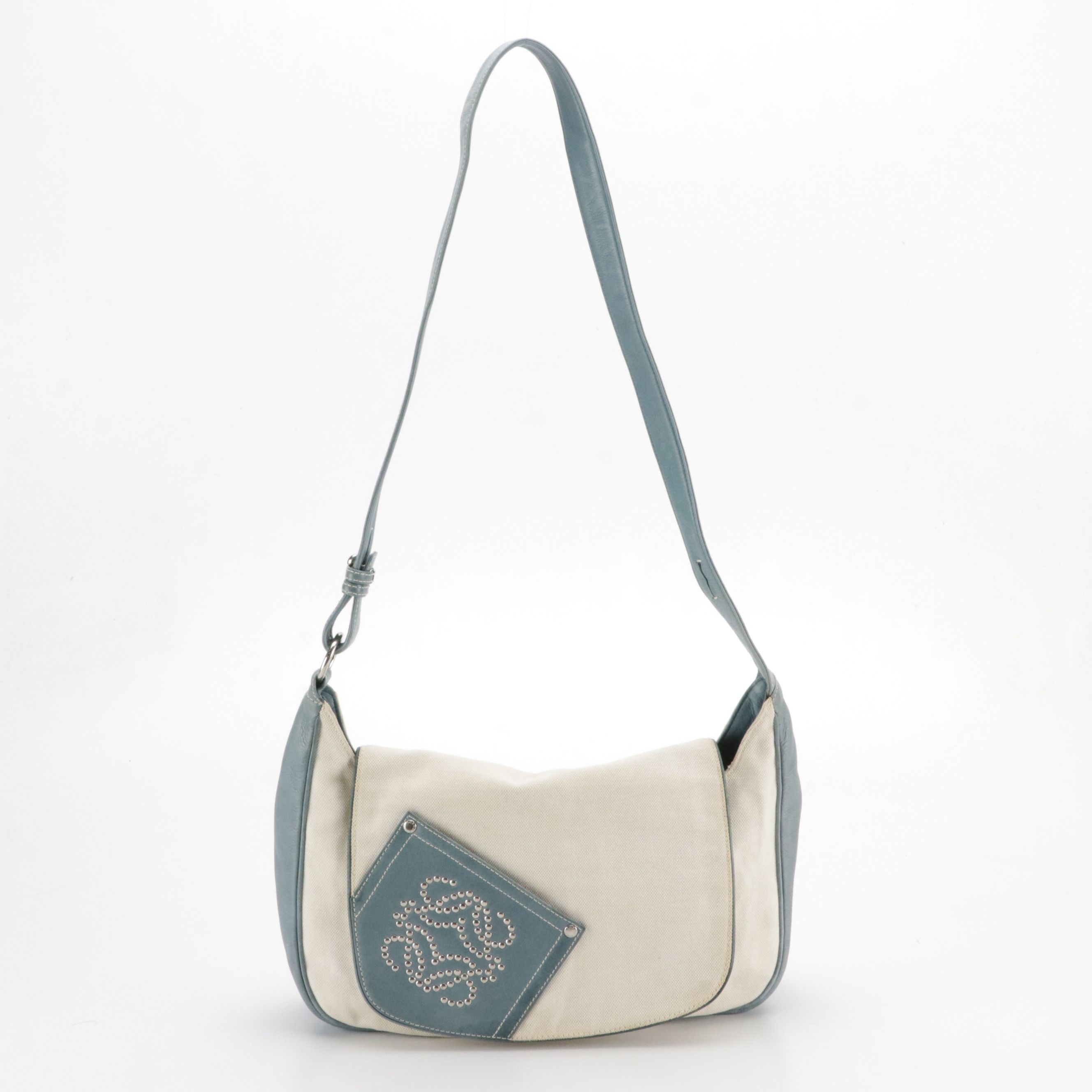 Loewe Studded Anagram Pocket Crossbody Bag in White Canvas and Blue Leather