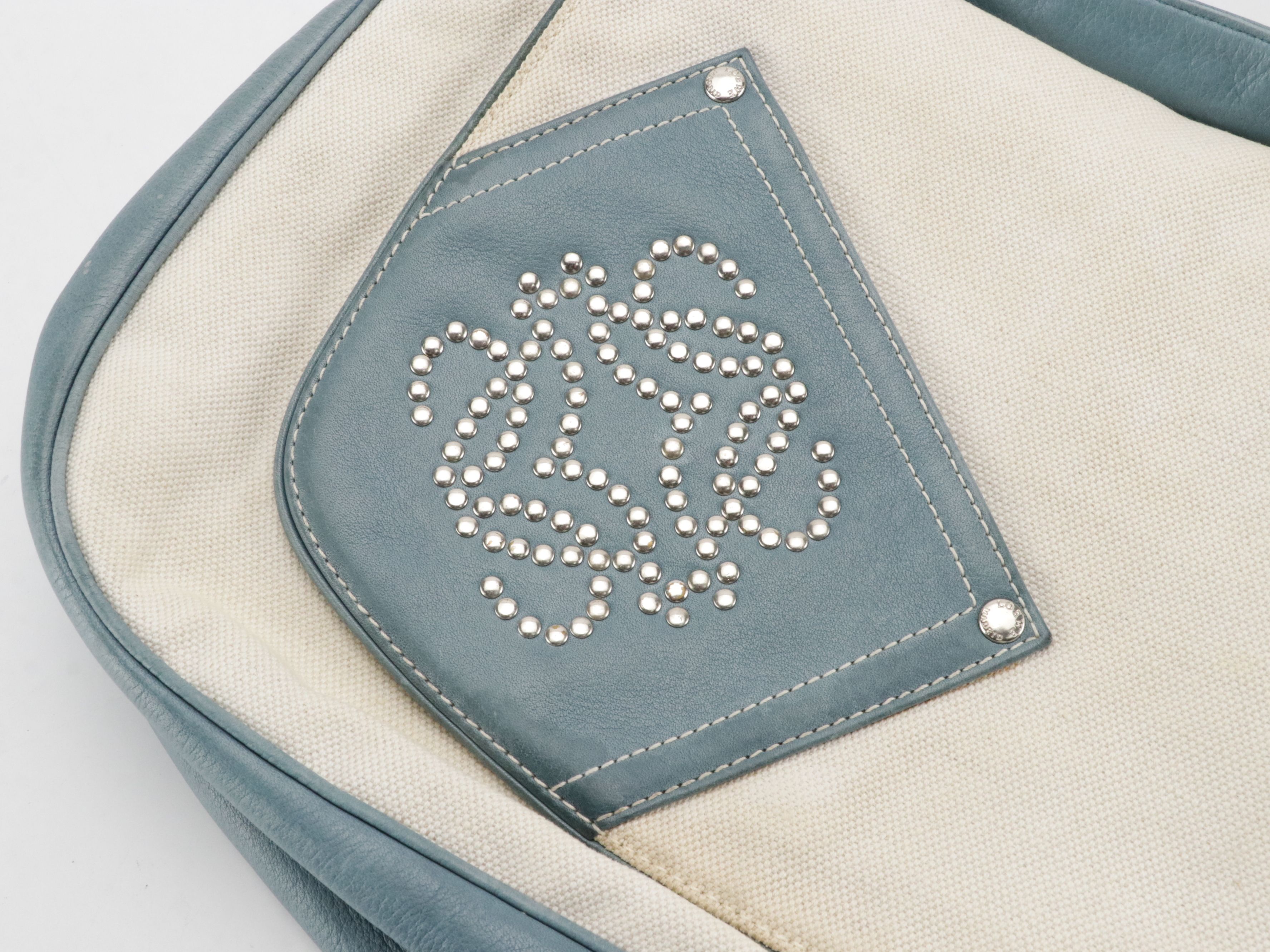 Loewe Studded Anagram Pocket Crossbody Bag in White Canvas and Blue Leather