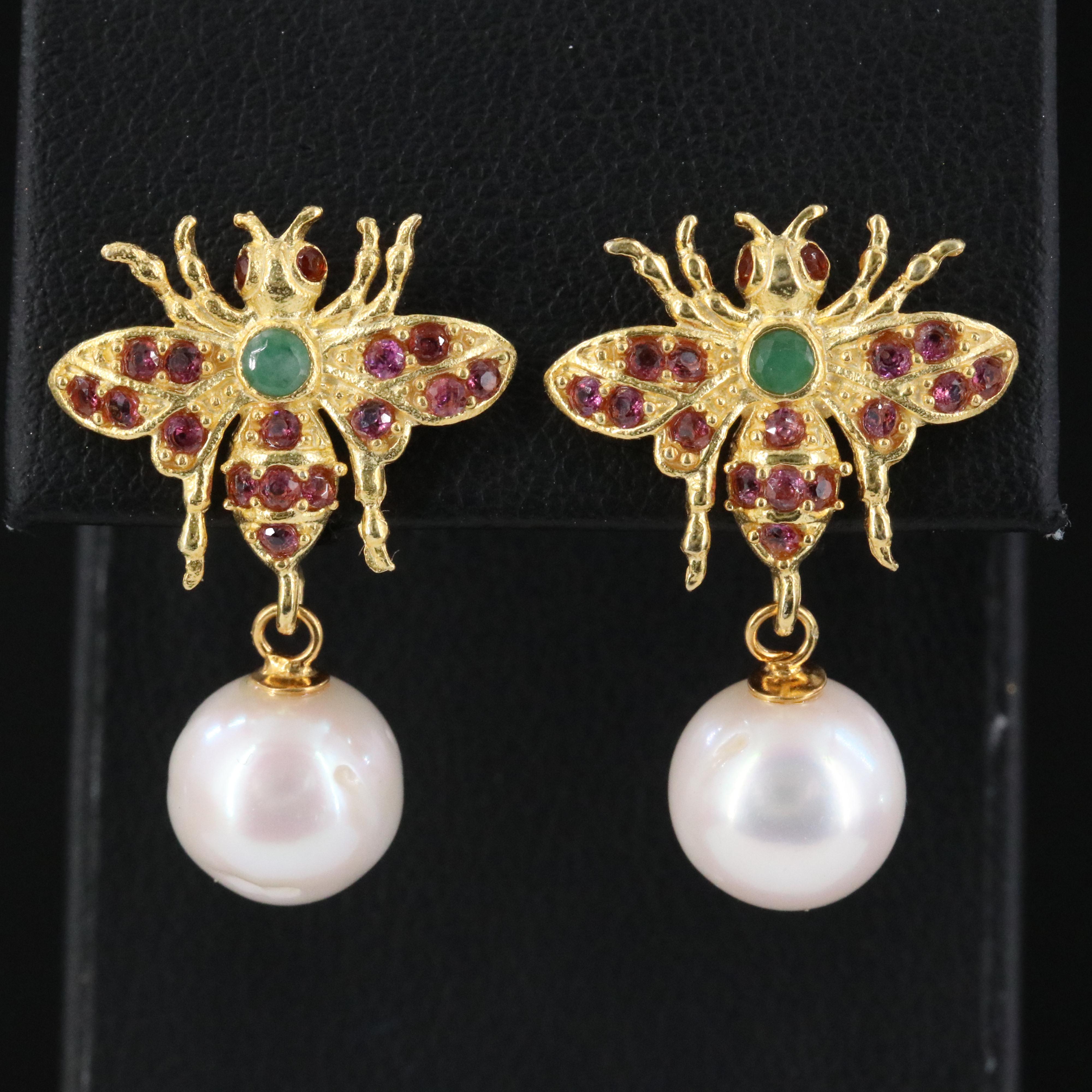 Sterling Pearl and Gemstone Drop Bee Earrings