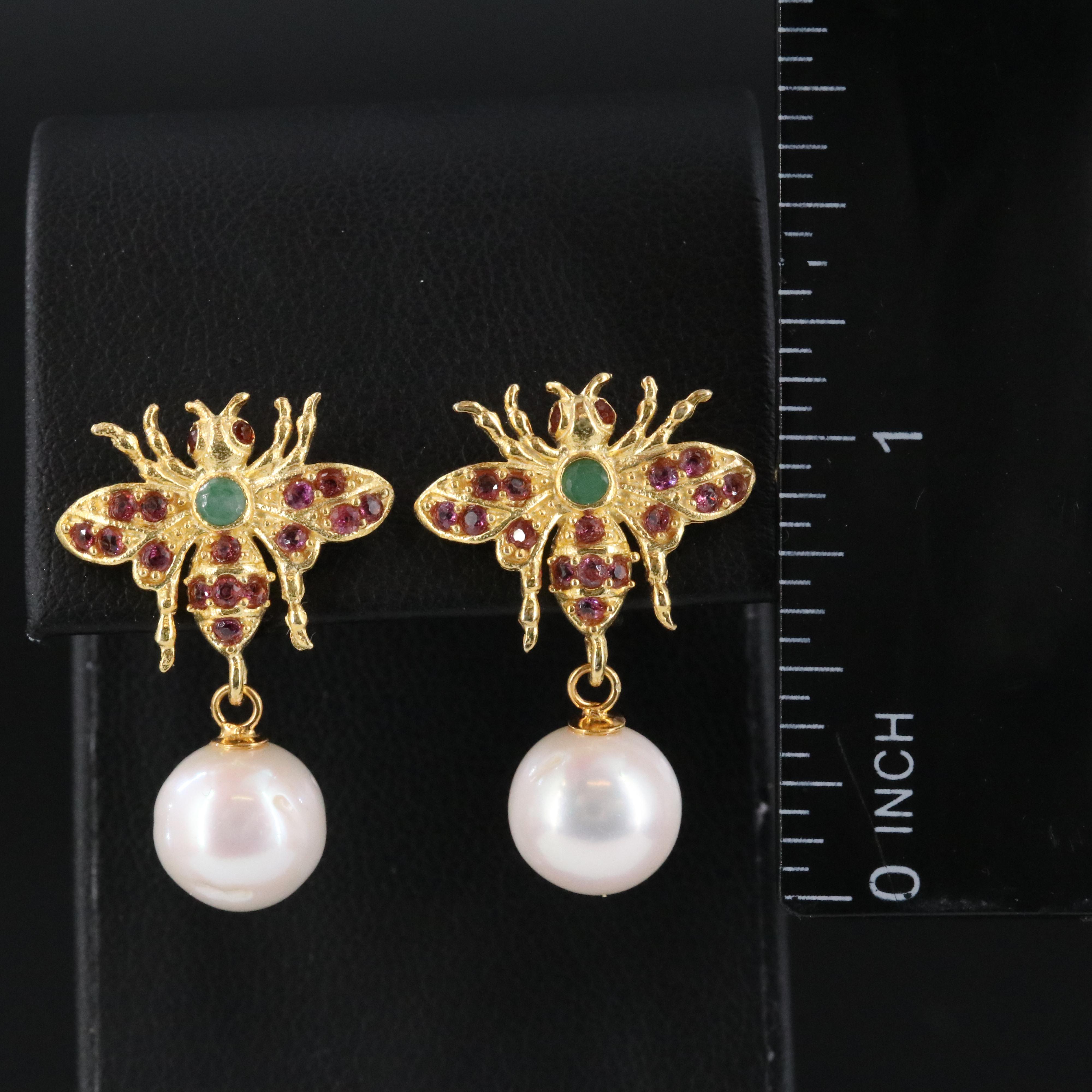 Sterling Pearl and Gemstone Drop Bee Earrings