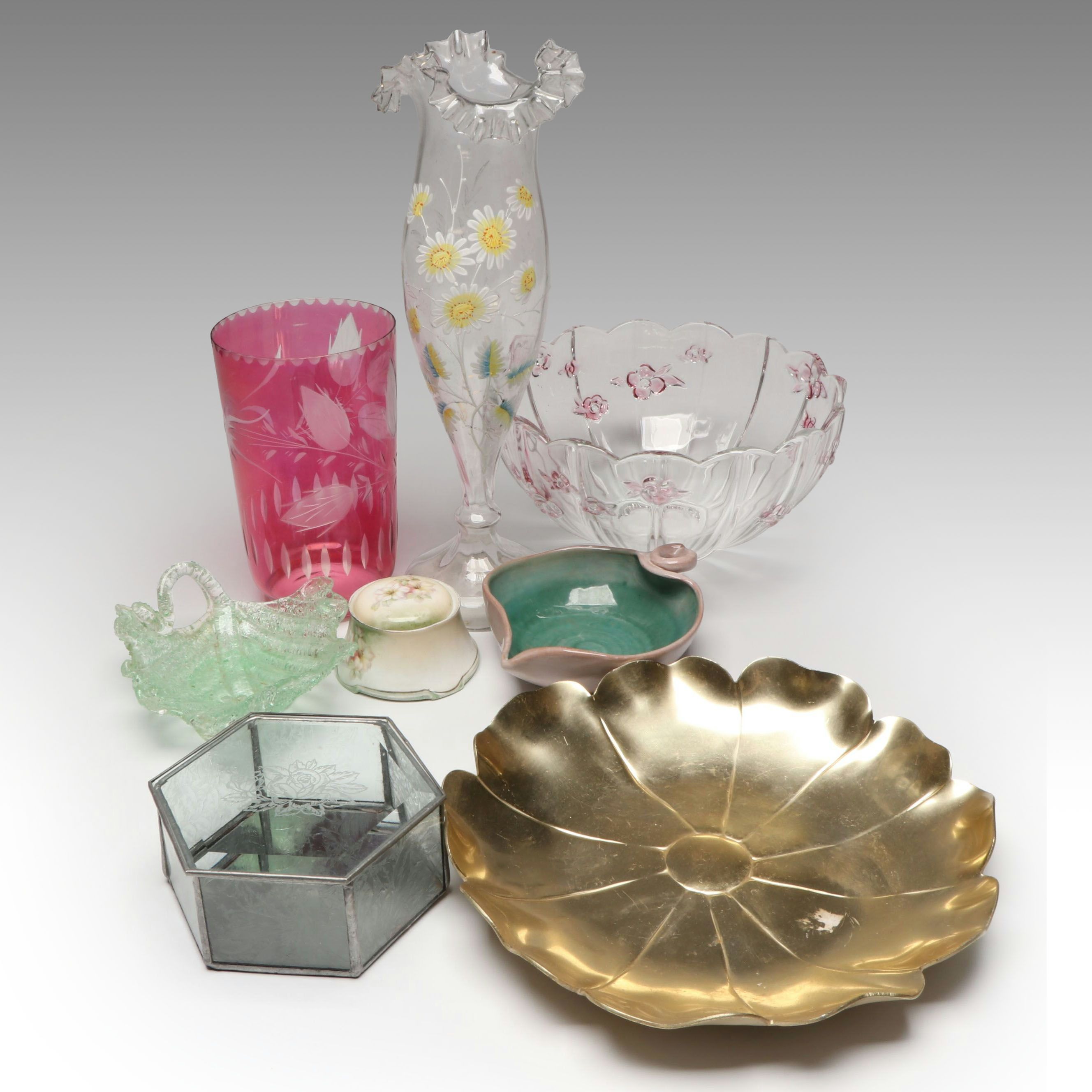 Floral Cut Crystal Bowl, Cranberry Glass Vase and Other Serveware