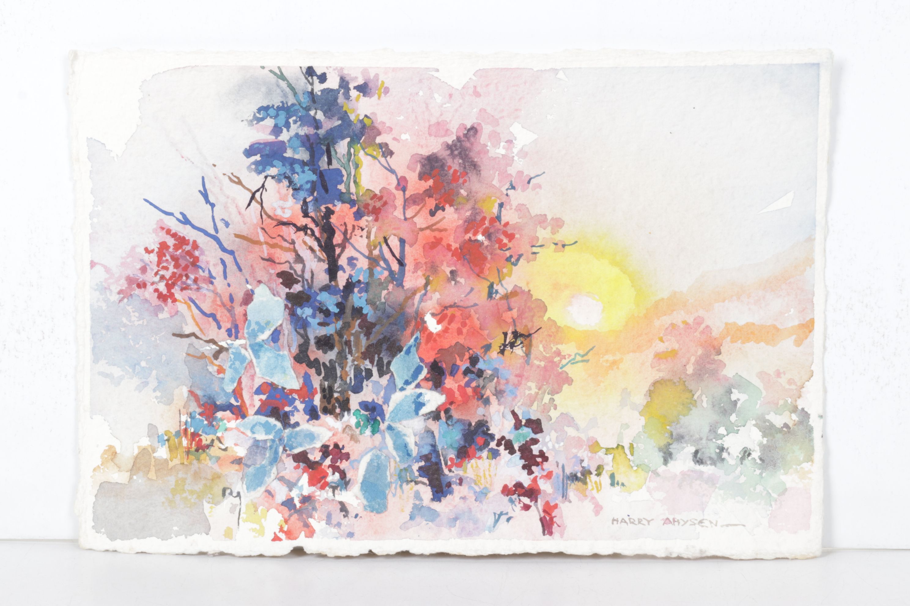 Harry Ahysen Watercolor Painting of Flowers in Sunset, Late 20th Century