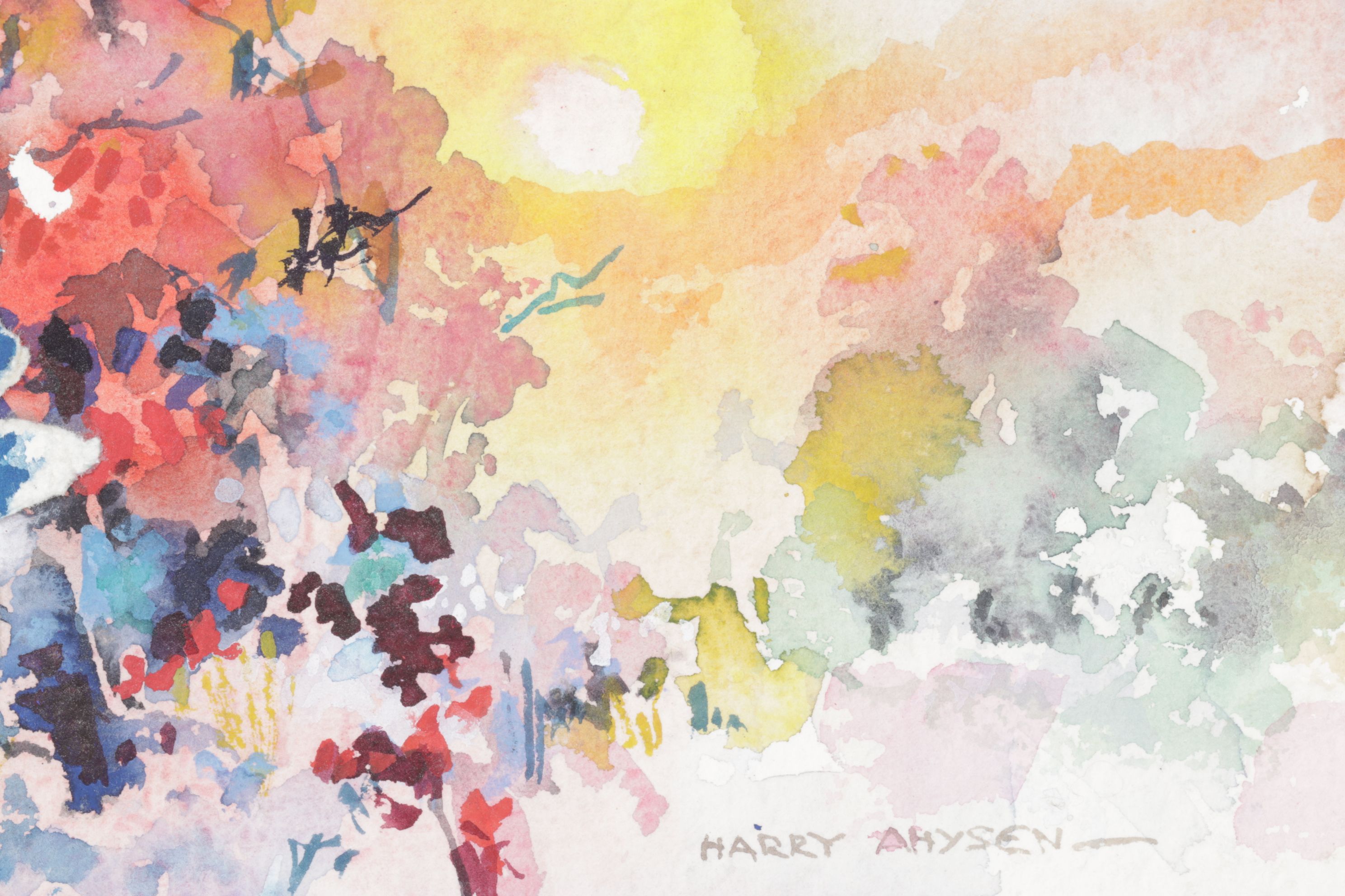 Harry Ahysen Watercolor Painting of Flowers in Sunset, Late 20th Century