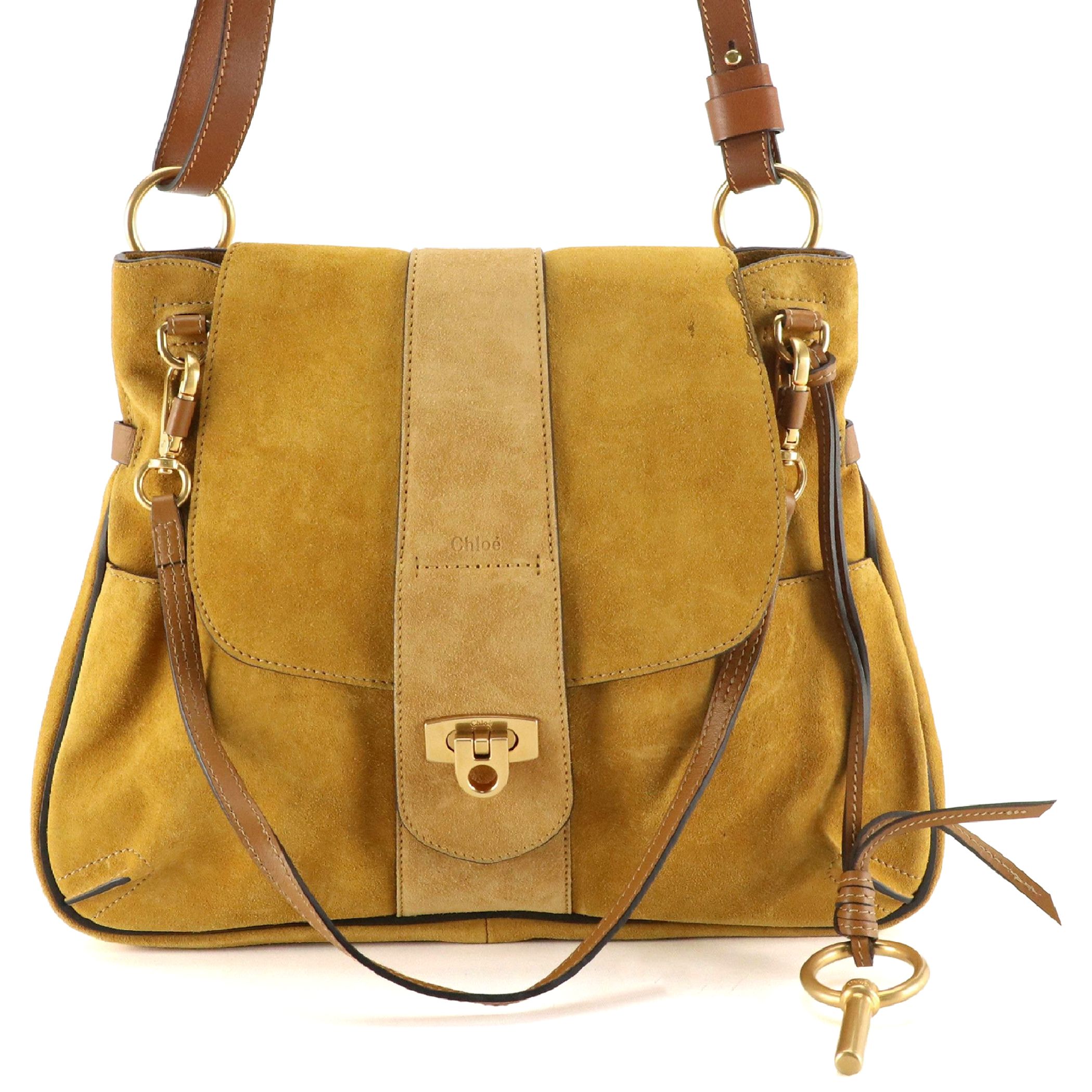 Chloé Lexa Two-Way Bag in Mustard Yellow Suede and Brown Calfskin Leather