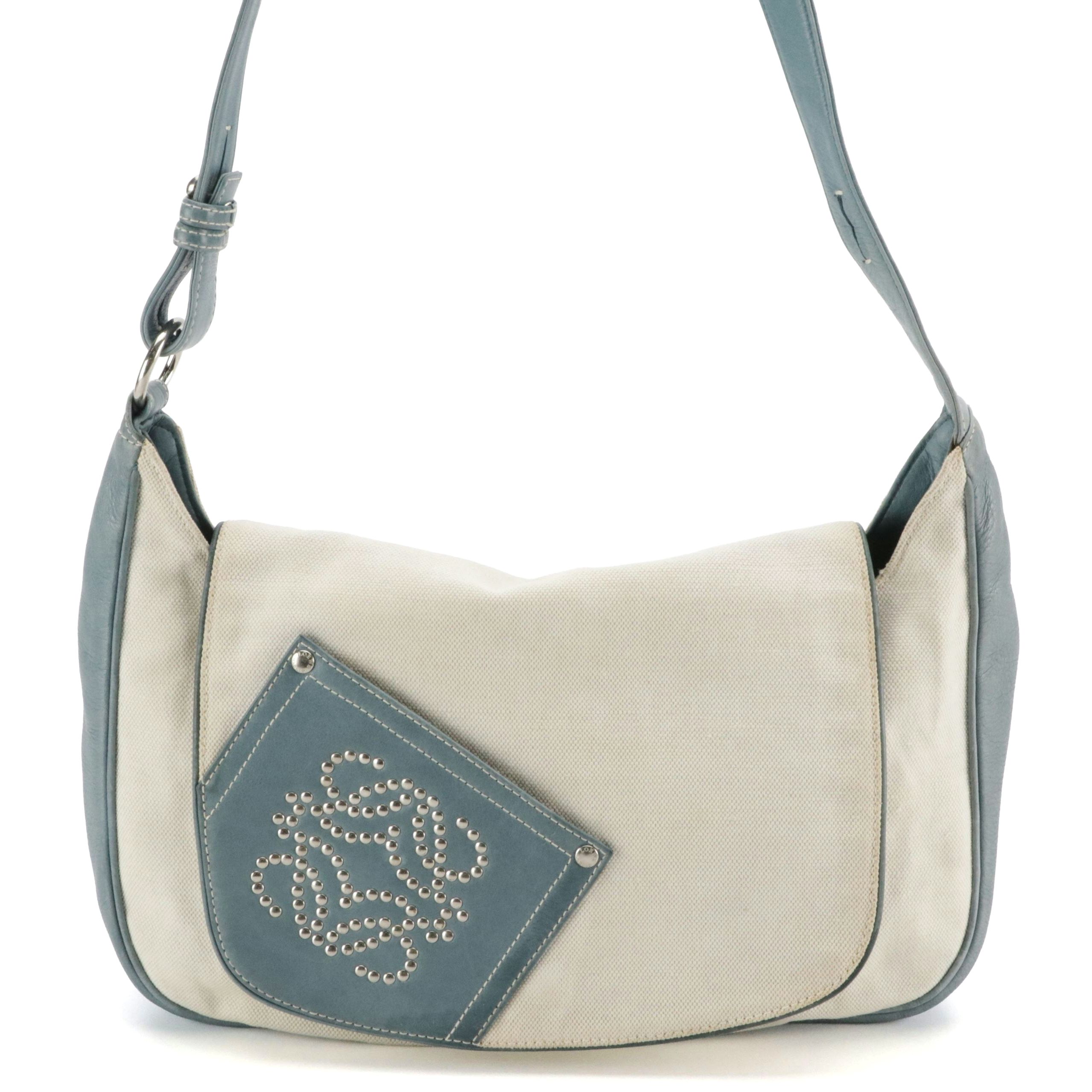 Loewe Studded Anagram Pocket Crossbody Bag in White Canvas and Blue Leather