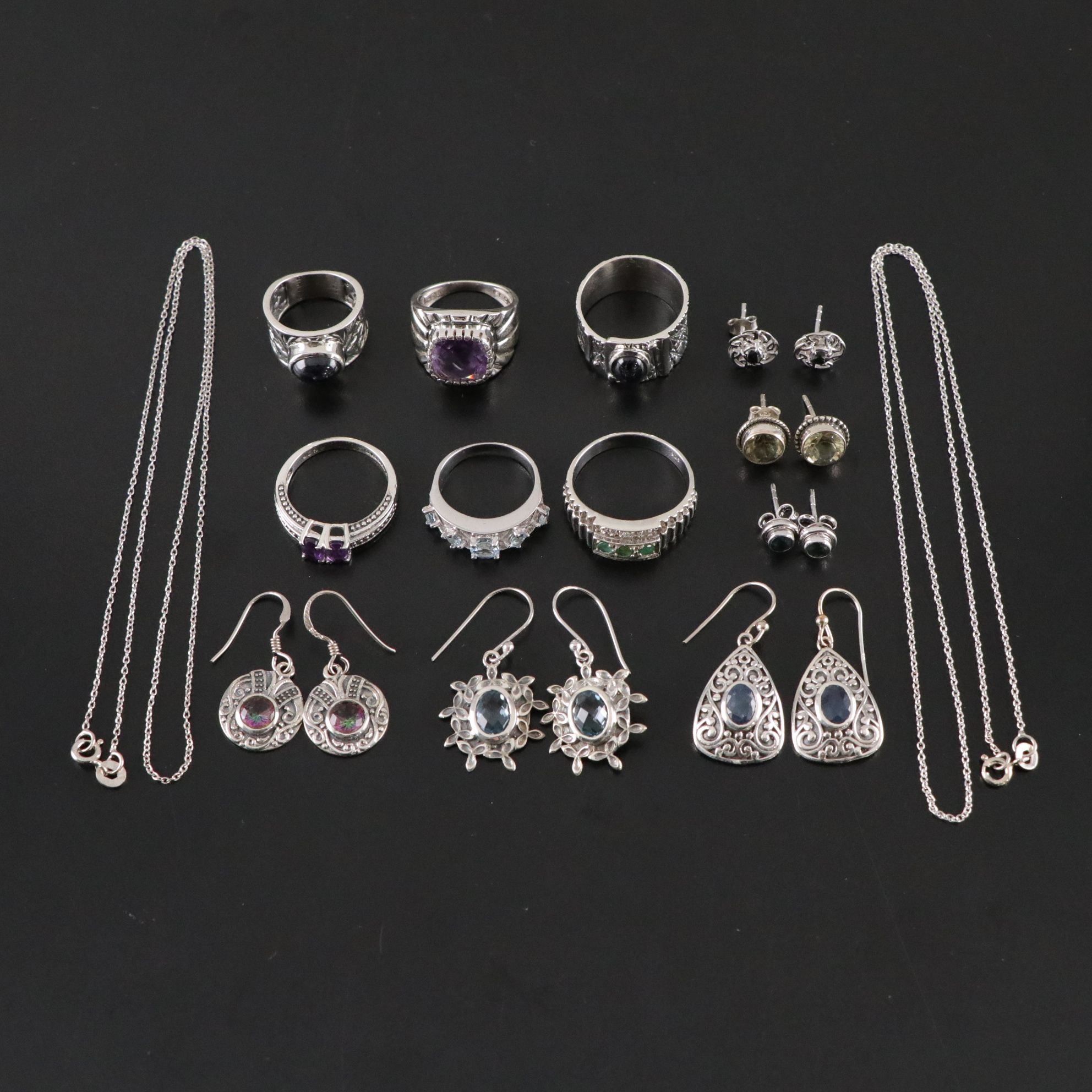 14 Assorted Sterling Silver Rings, Necklaces and Earrings