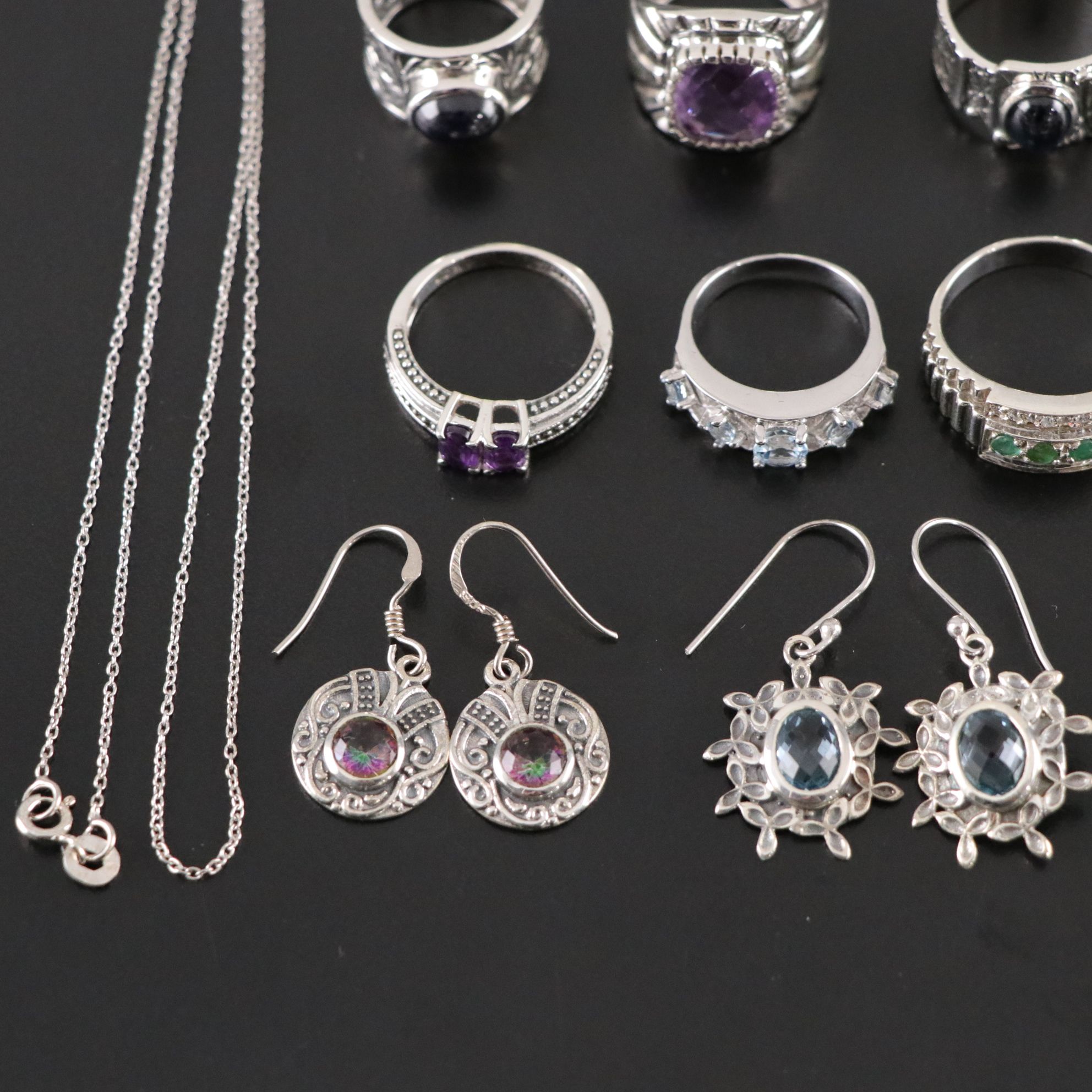 14 Assorted Sterling Silver Rings, Necklaces and Earrings