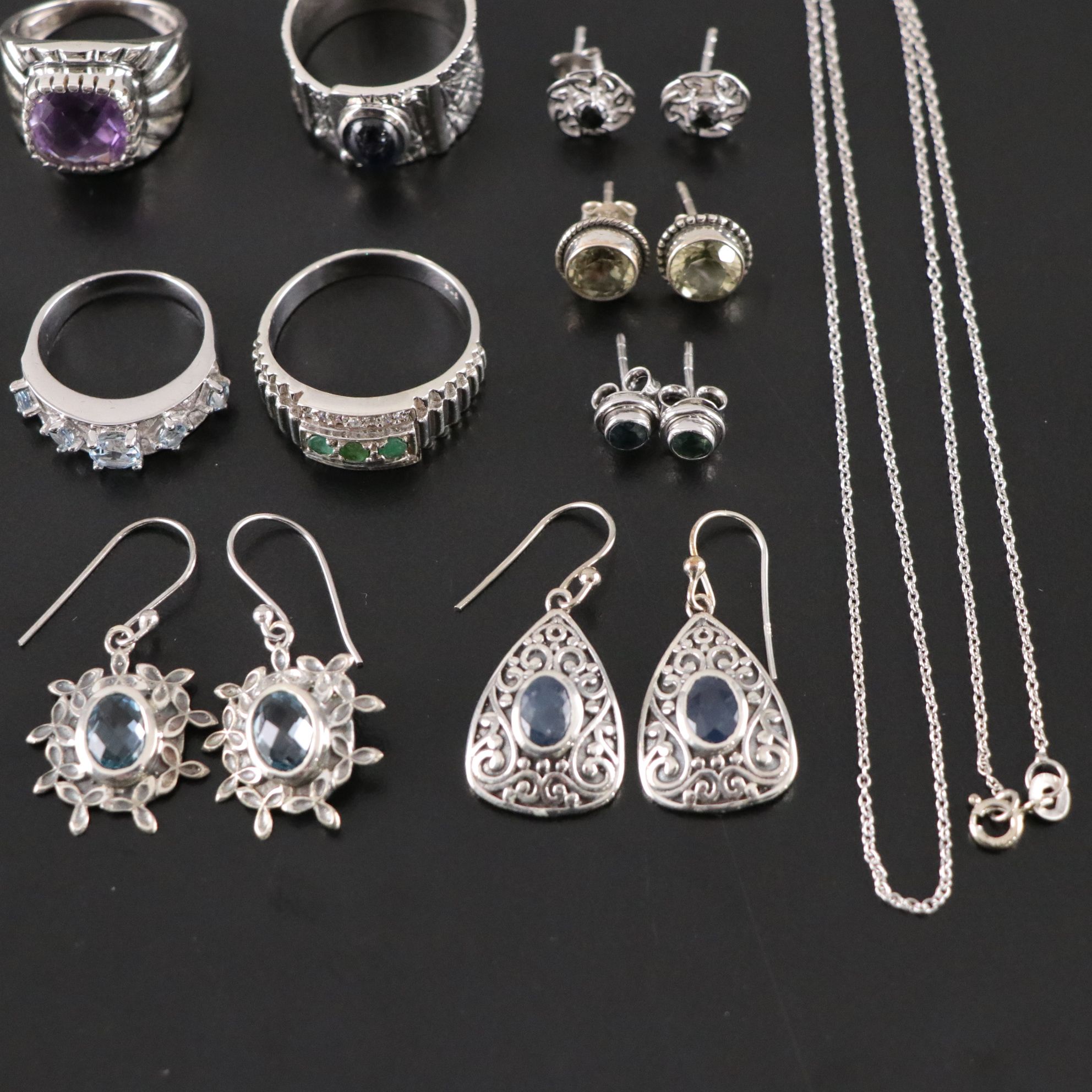 14 Assorted Sterling Silver Rings, Necklaces and Earrings