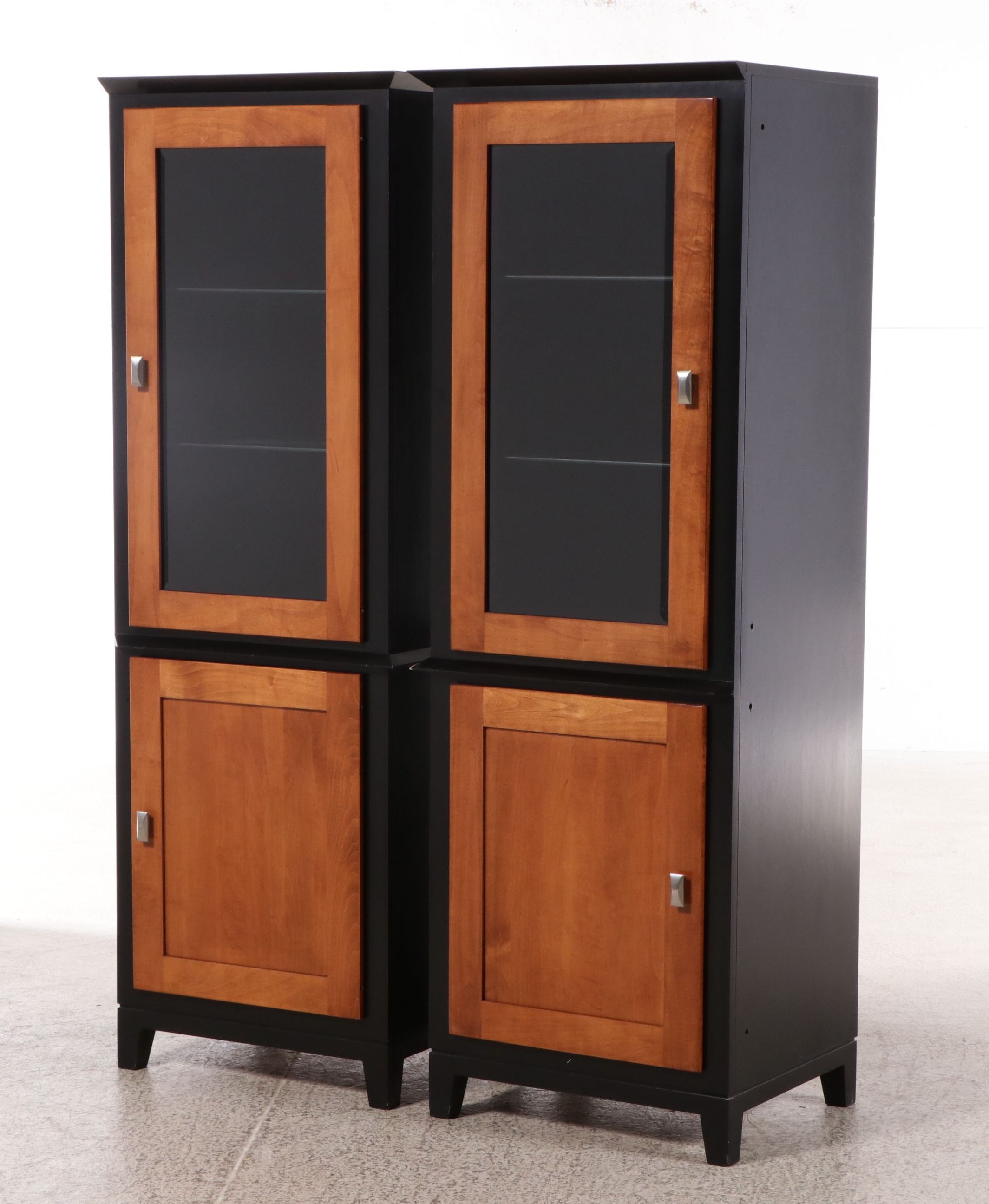 Pair of Contemporary Shaker Style Two-Tone Illuminated Glass Front Cabinets