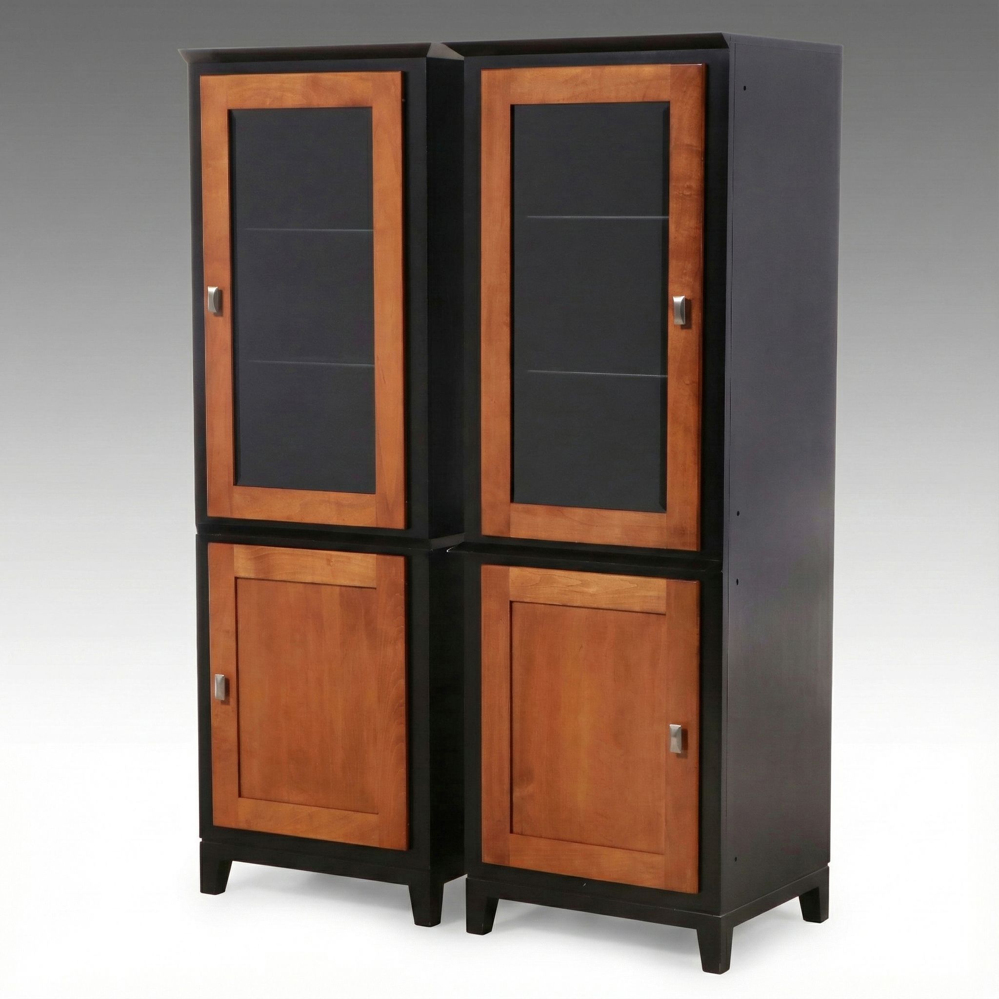 Pair of Contemporary Shaker Style Two-Tone Illuminated Glass Front Cabinets