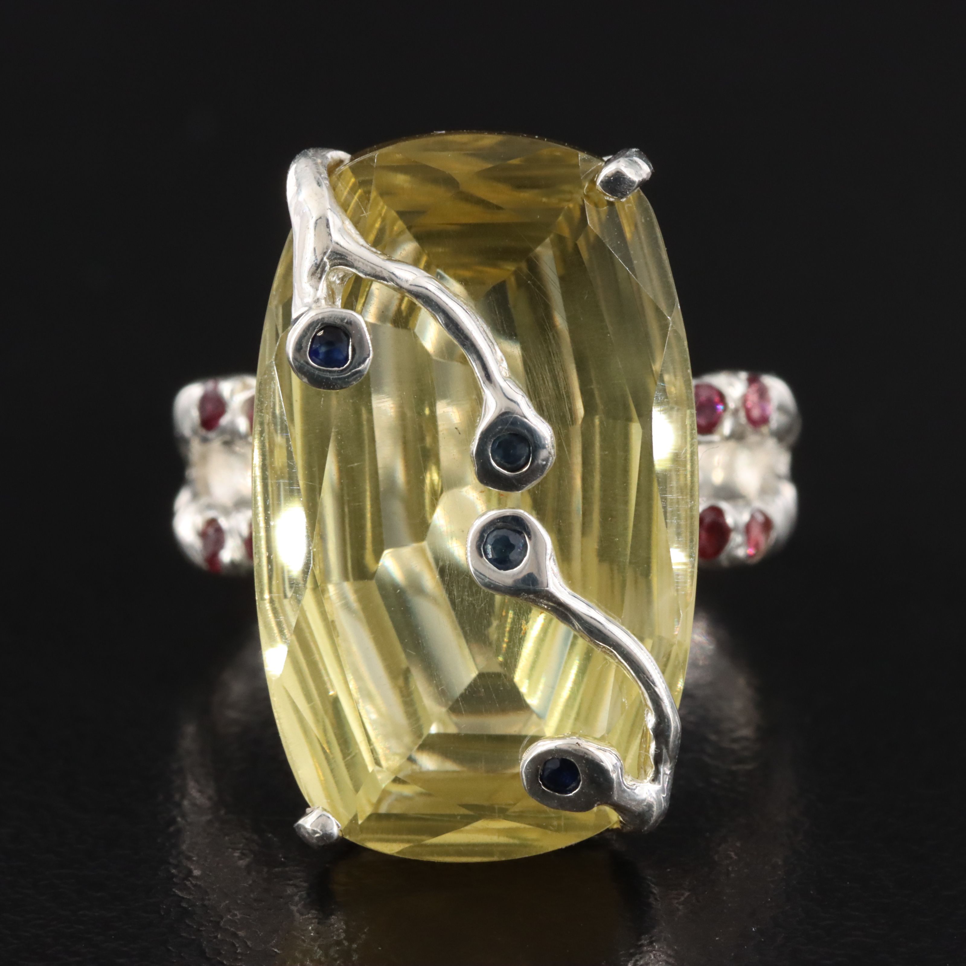 Sterling Lemon Quartz, Sapphire and Garnet Ring