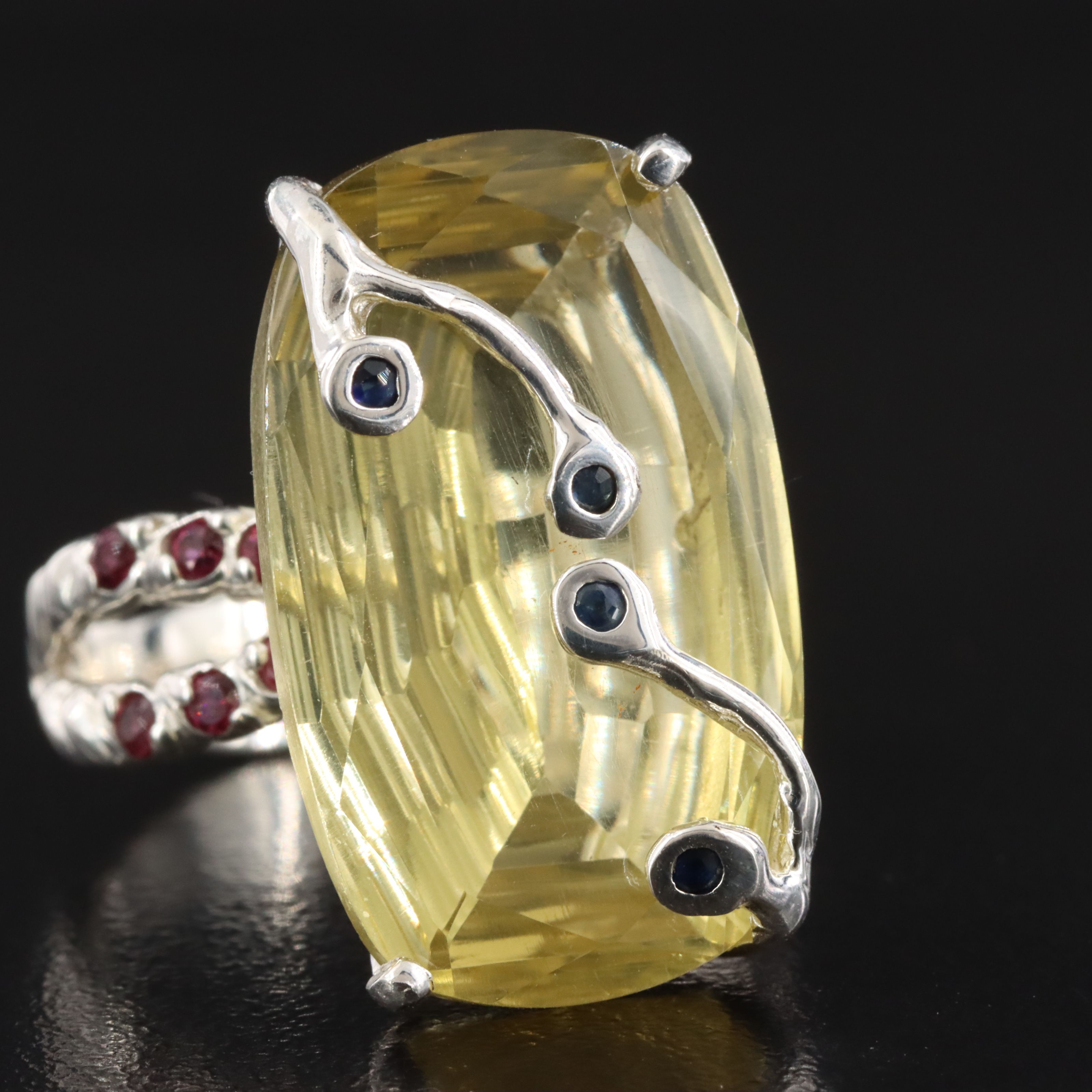 Sterling Lemon Quartz, Sapphire and Garnet Ring