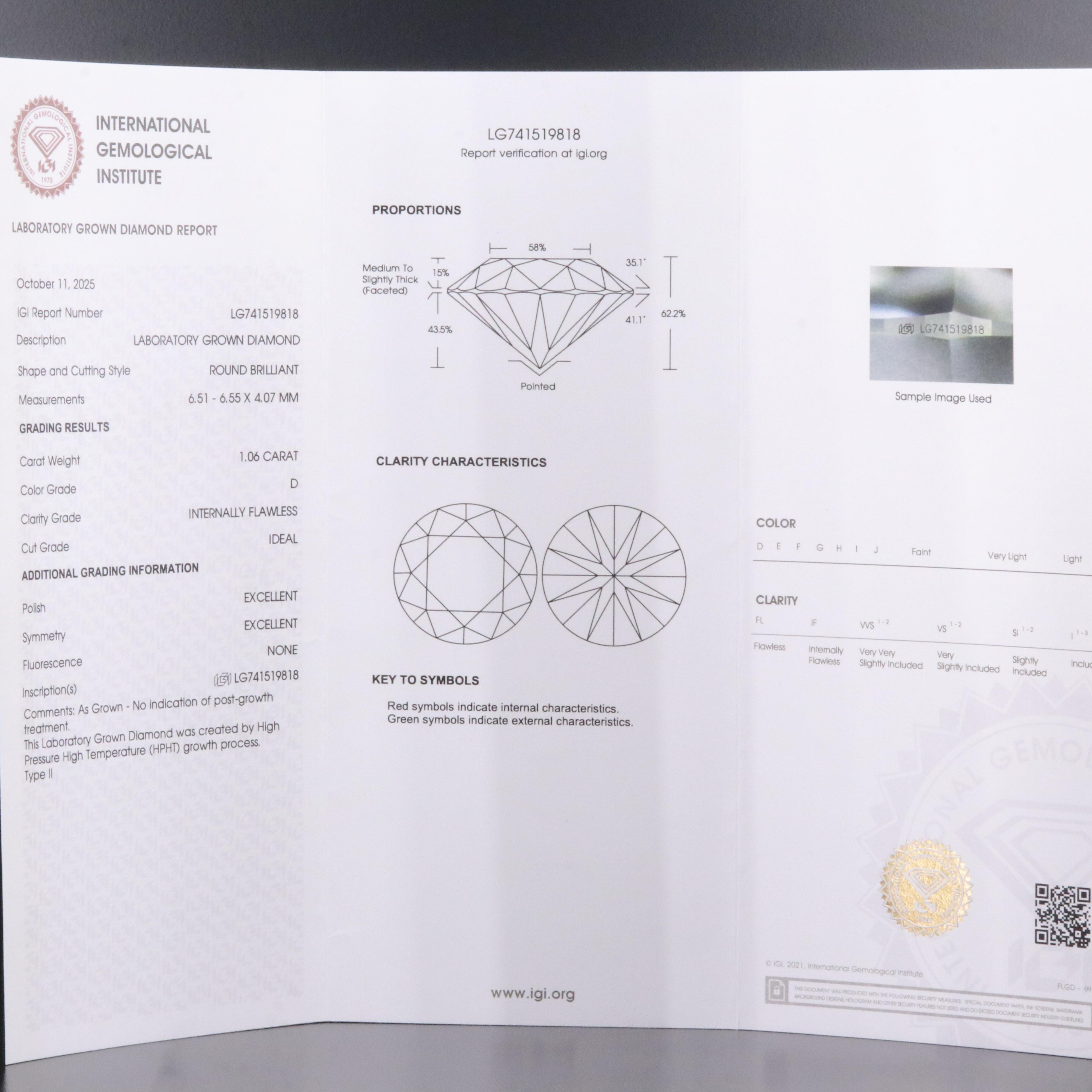 Loose 1.06 CT Lab Grown Diamond with IGI Report