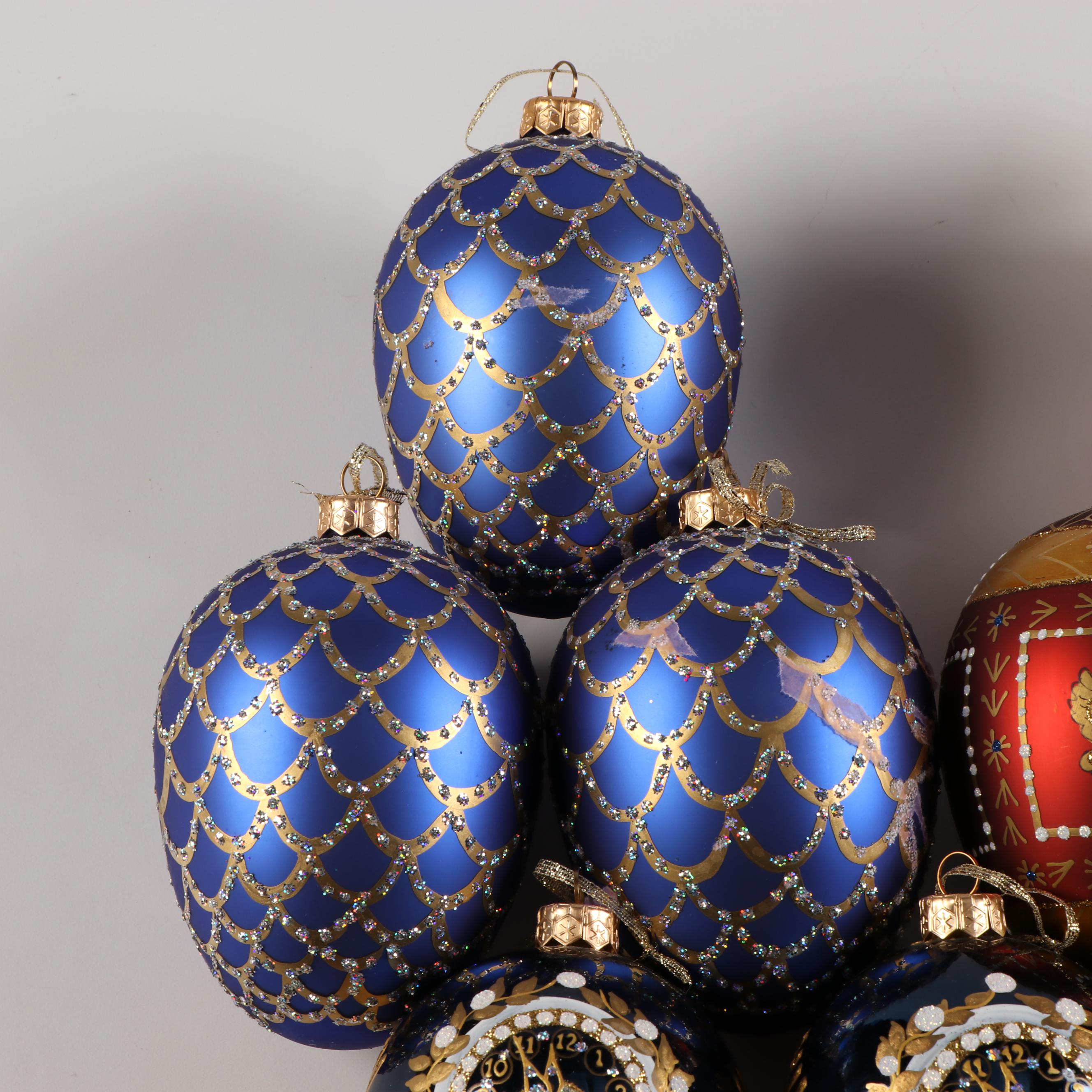 Thomas Glenn "Tick Tock Blue" and More Fabergé Egg Style Blown Glass Ornaments