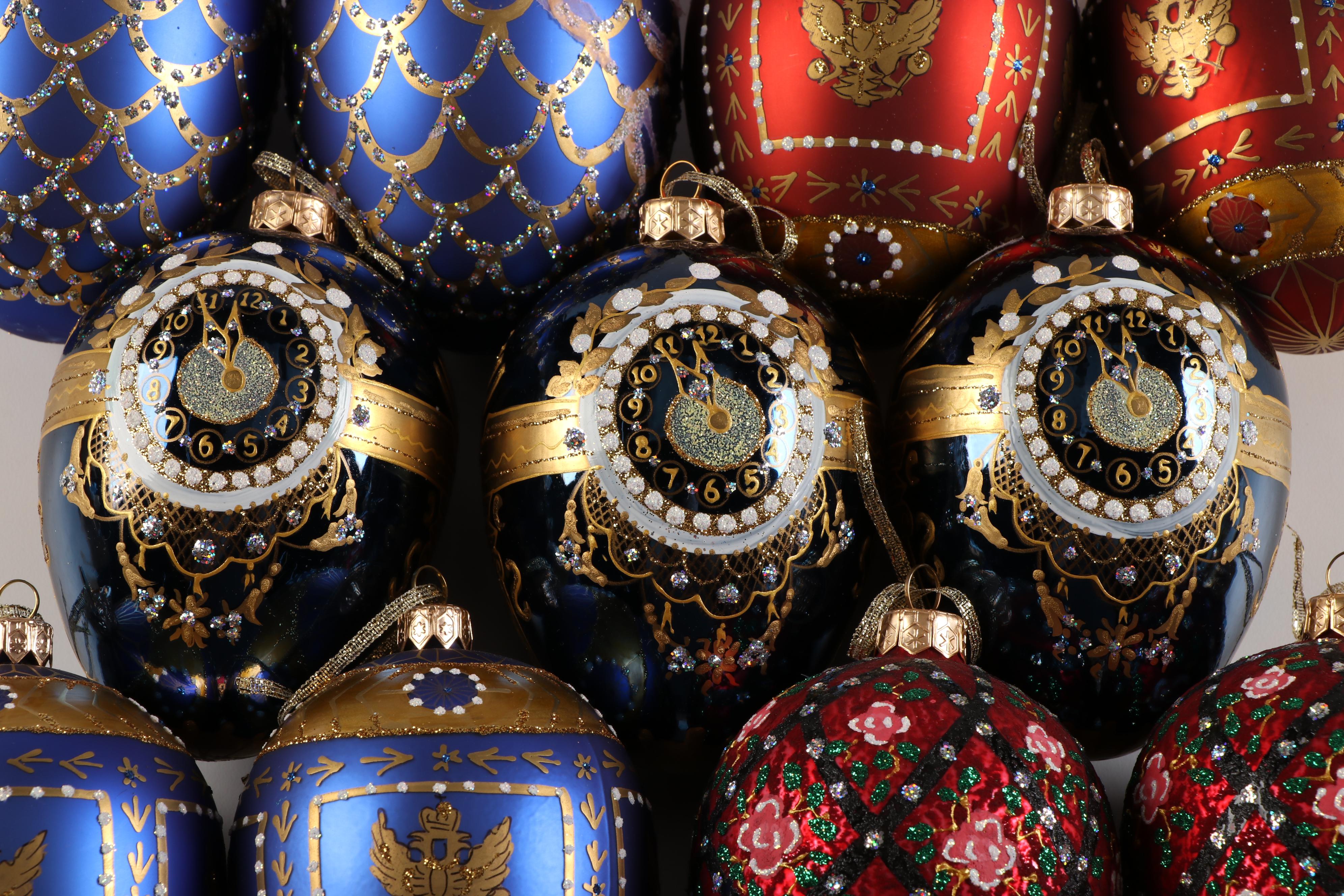 Thomas Glenn "Tick Tock Blue" and More Fabergé Egg Style Blown Glass Ornaments