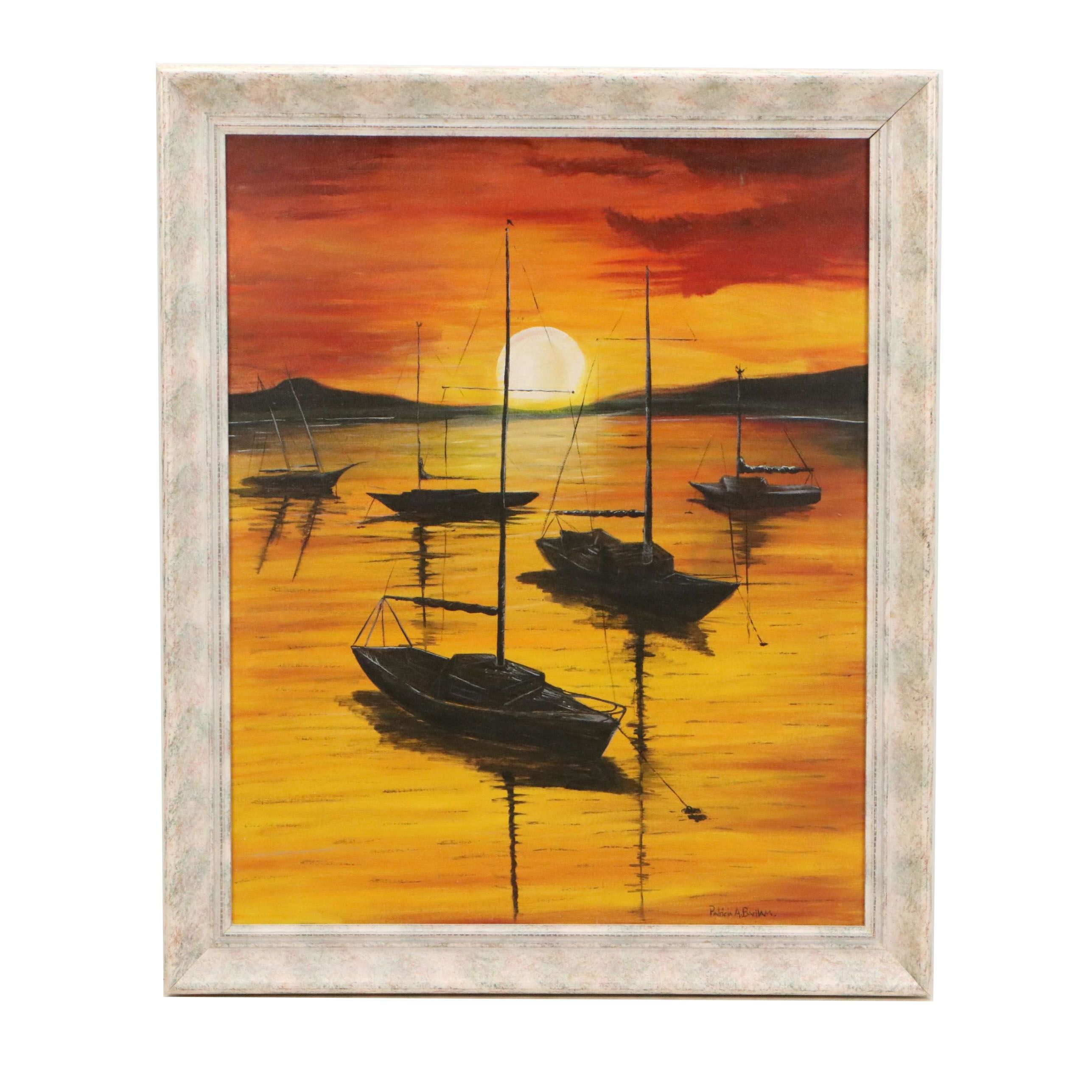 Patricia A. Badlam Mid Century Modern Oil Painting of Boats, Mid-20th Century